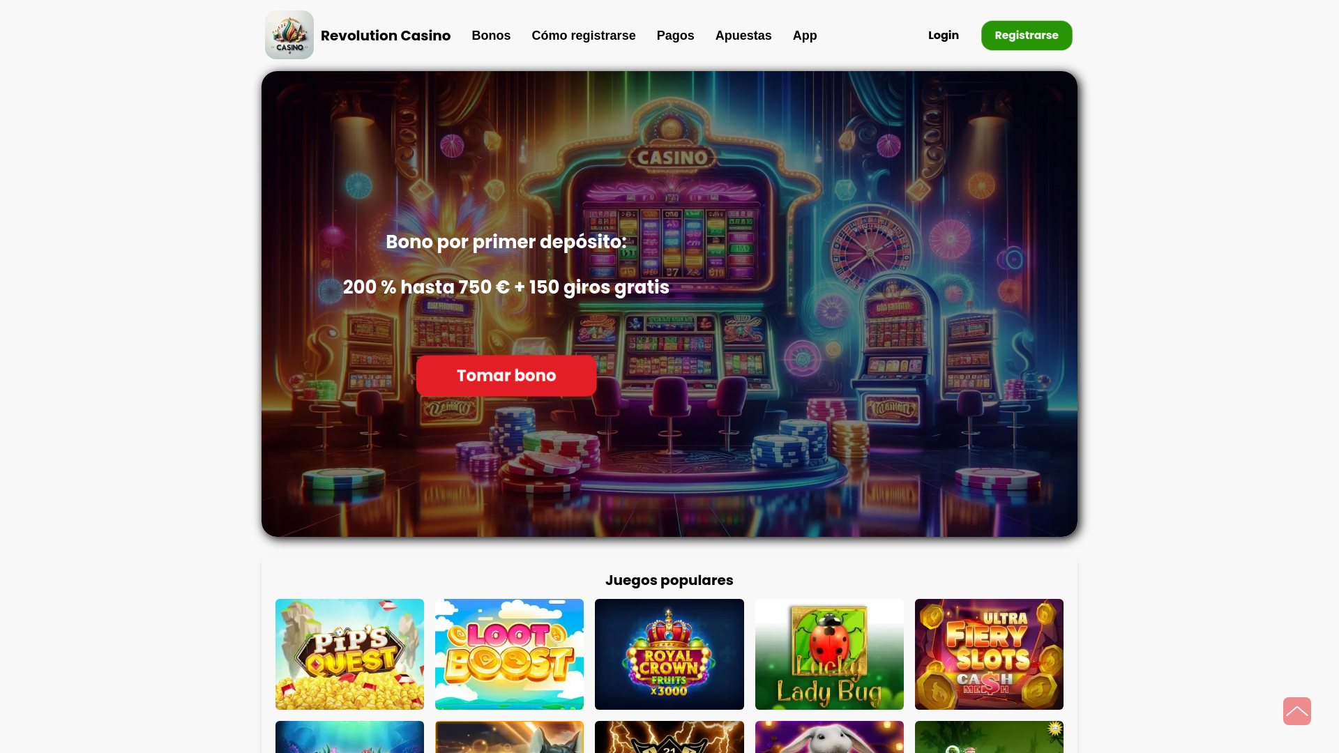 website screenshot of https://revolutioncasino.com.es/