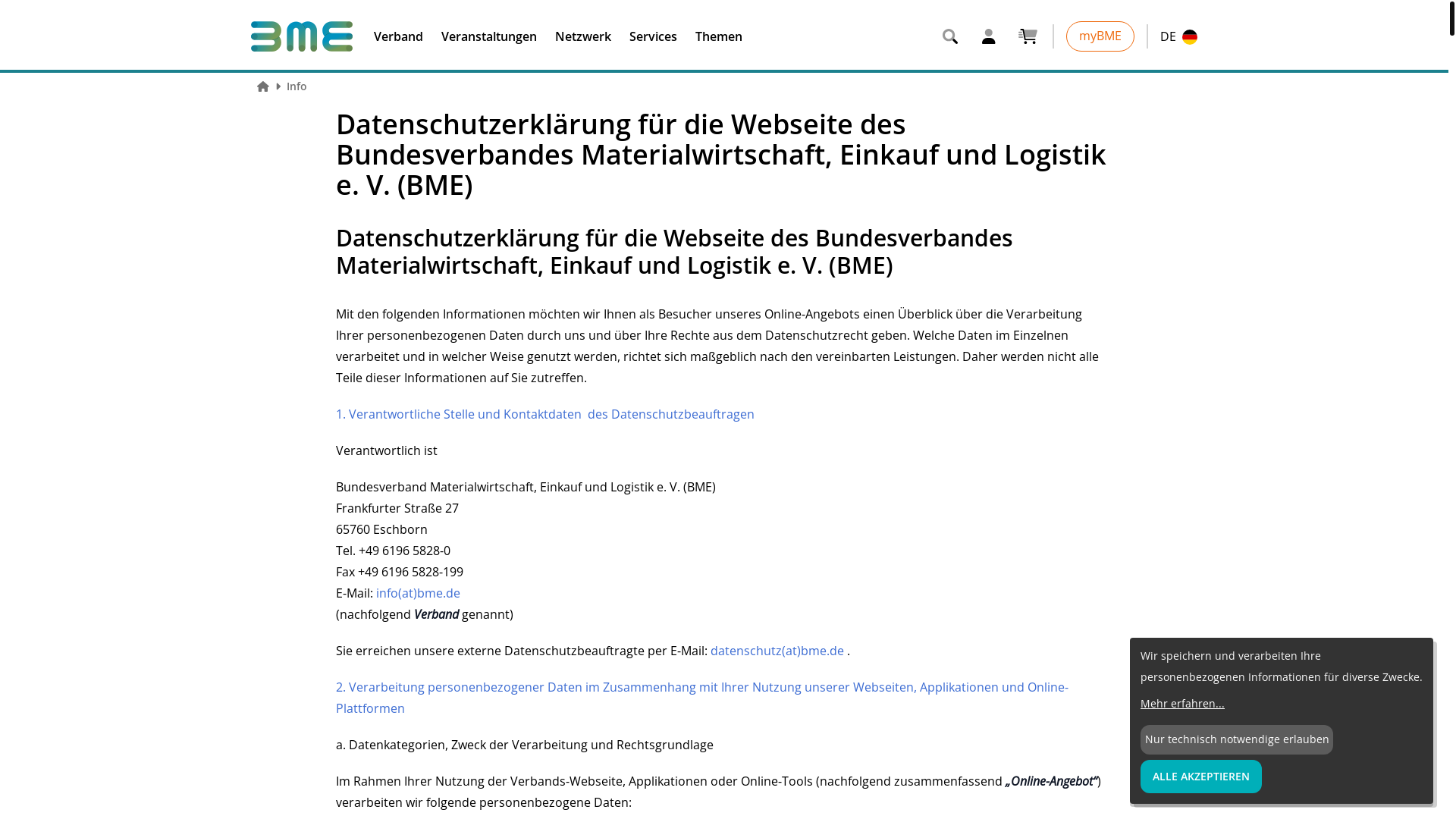 website screenshot of http://www.bme.de/datenschutz