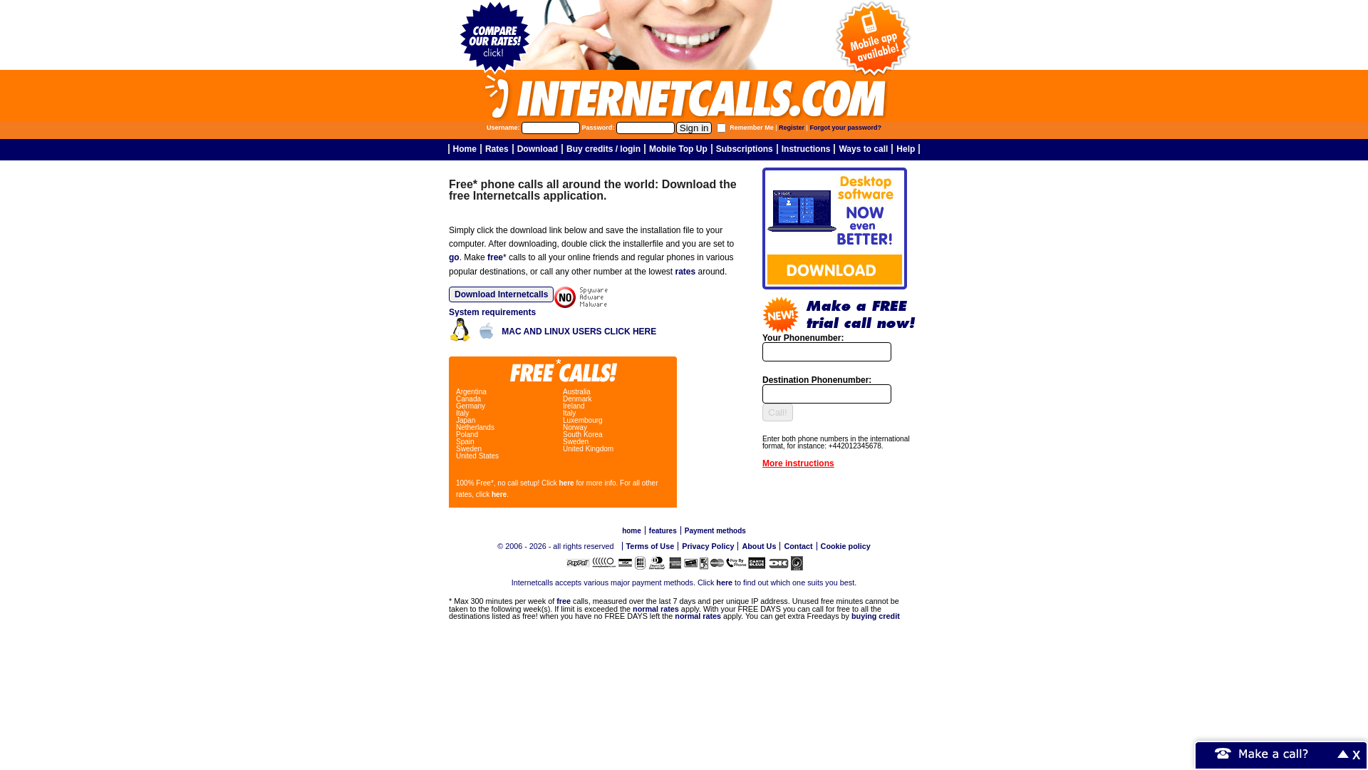 website screenshot of https://internetcalls.com