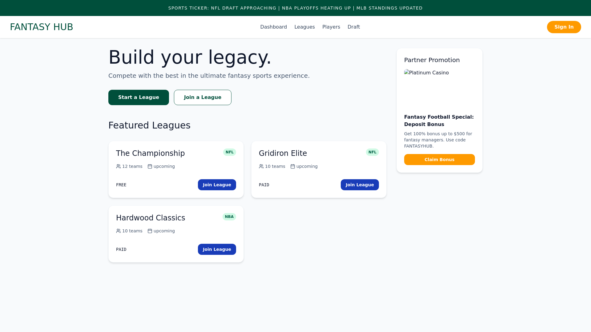 website screenshot of https://fantasyhubs.world