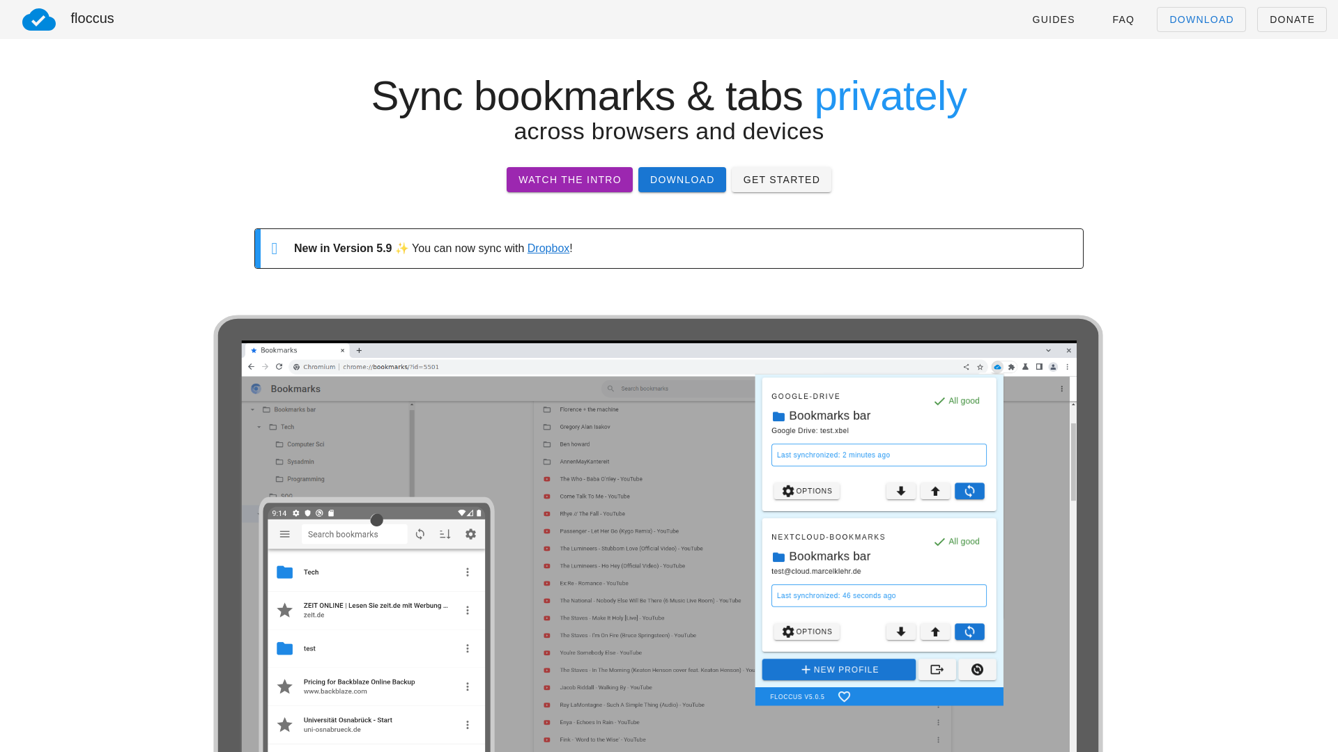 website screenshot of https://floccus.org