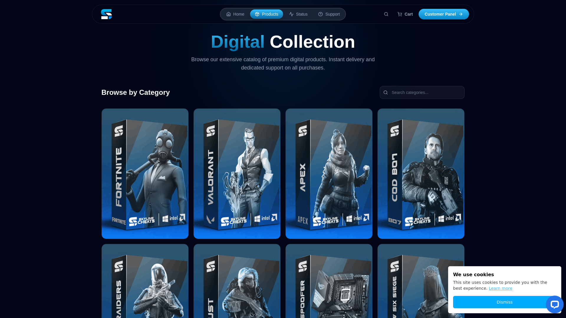 website screenshot of https://skylinecheats.mykomerza.com/products