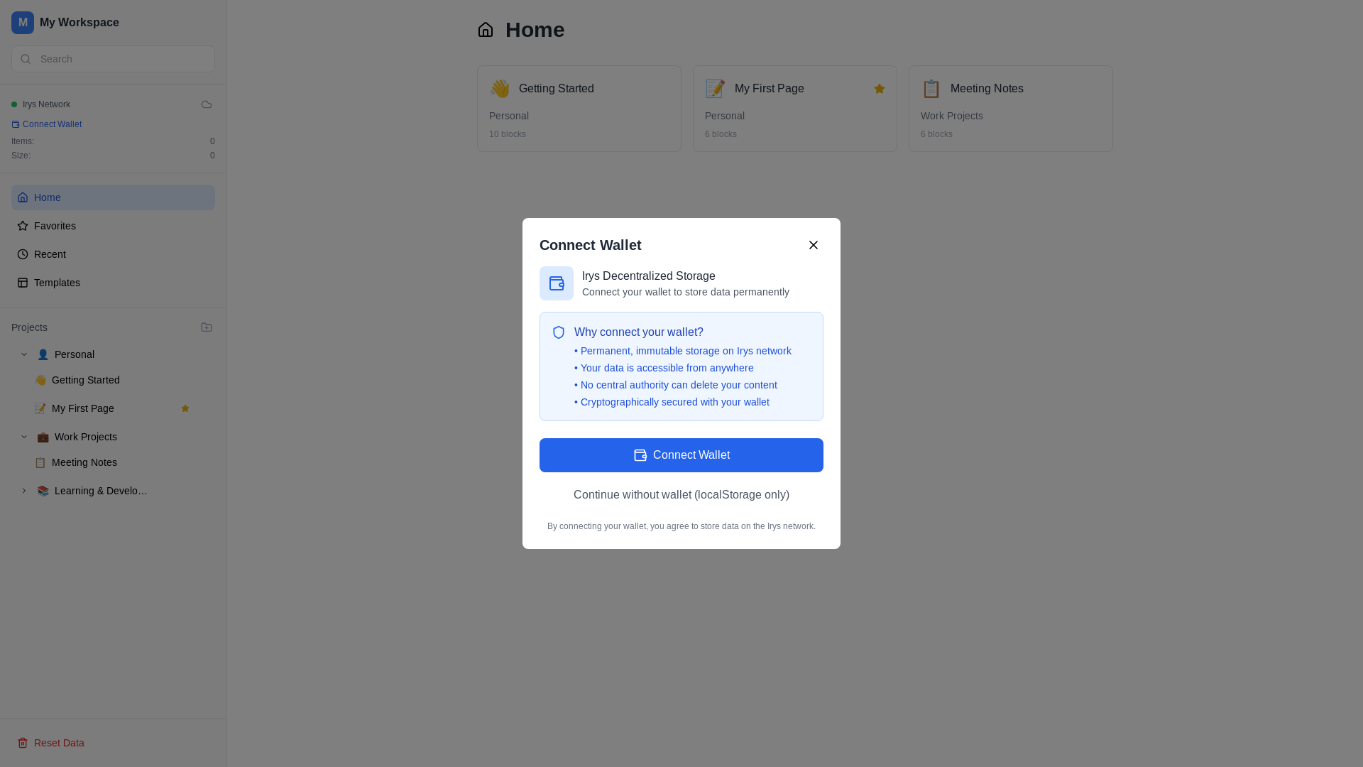 website screenshot of https://irysnote.xyz/