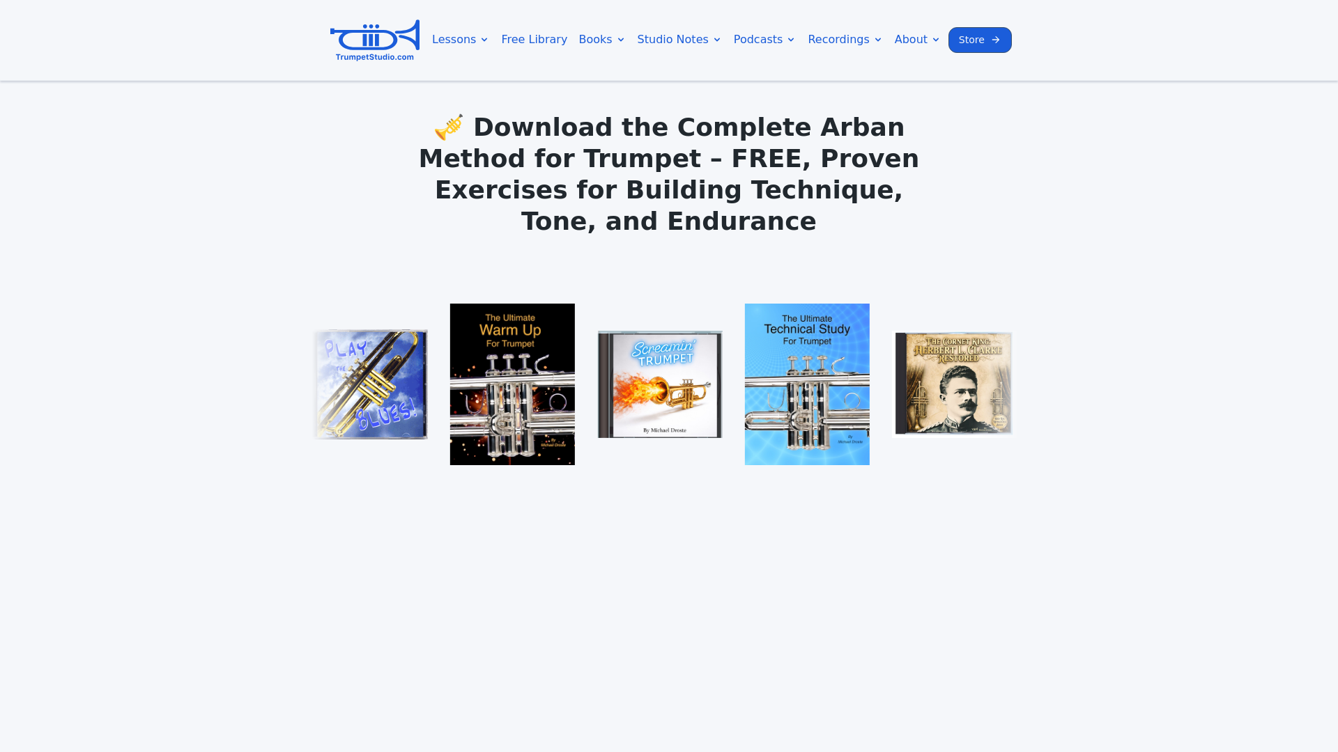 website screenshot of https://www.trumpetstudio.com/free-library/complete-arban-method-book/