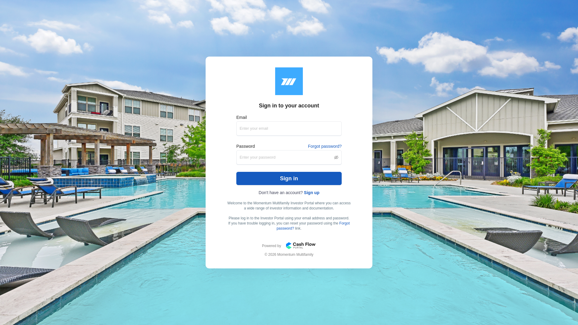 website screenshot of https://momentummultifamily.cashflowportal.com/app