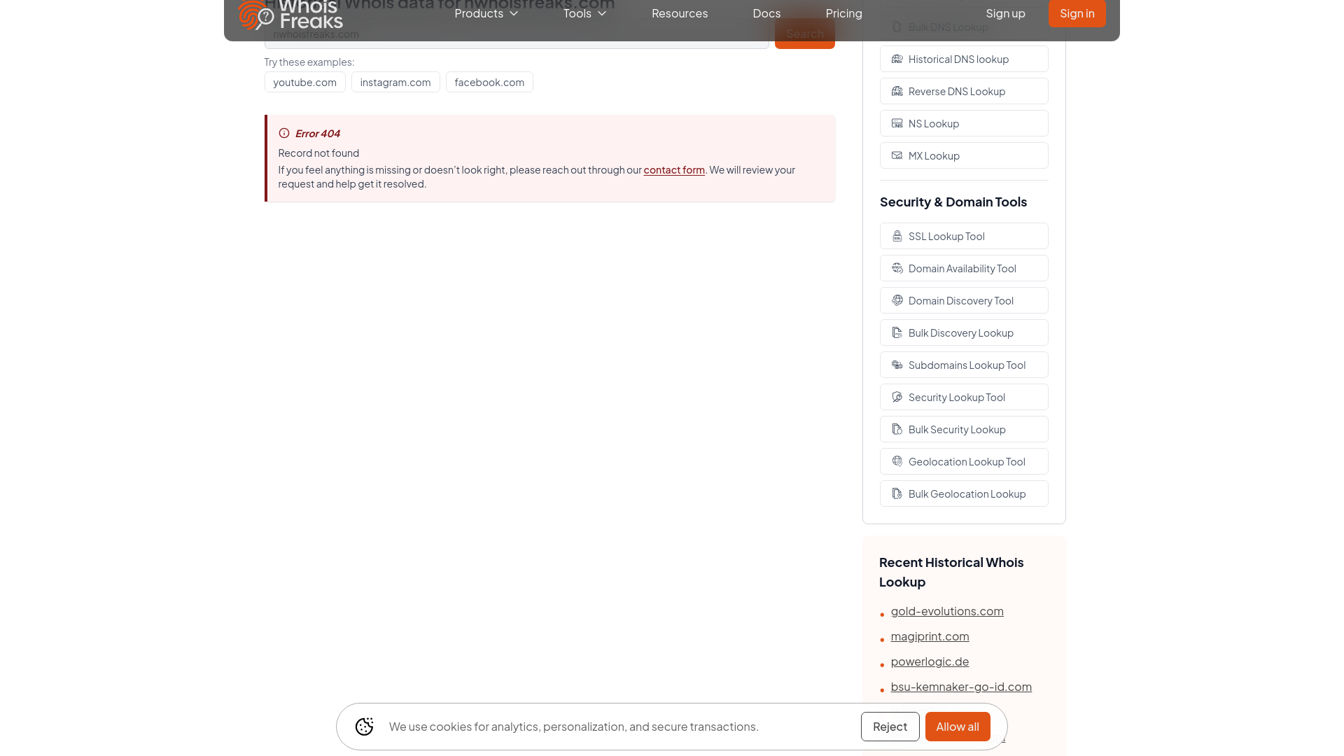 website screenshot of https://whoisfreaks.com/tools/whois/history/lookup\nhttps://whoisfreaks.com/tools/ip-whois/lookup