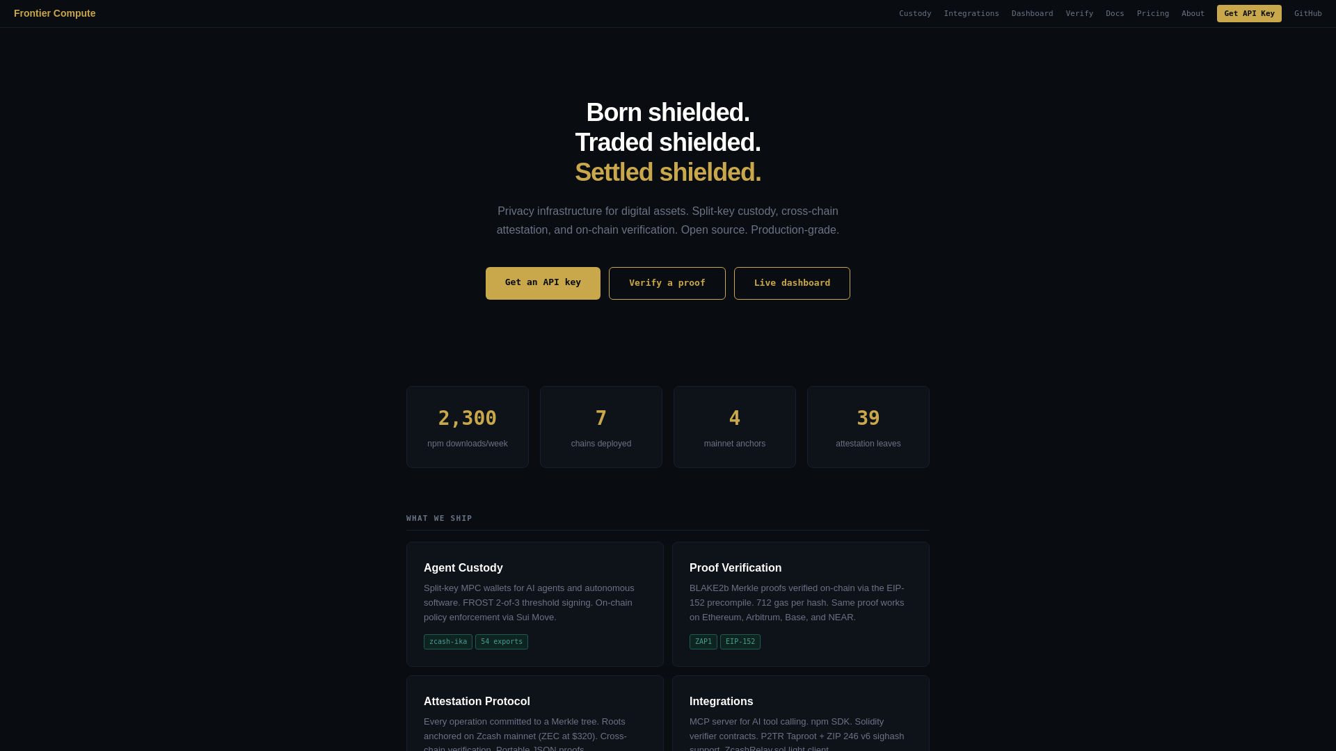 website screenshot of https://frontiercompute.cash/