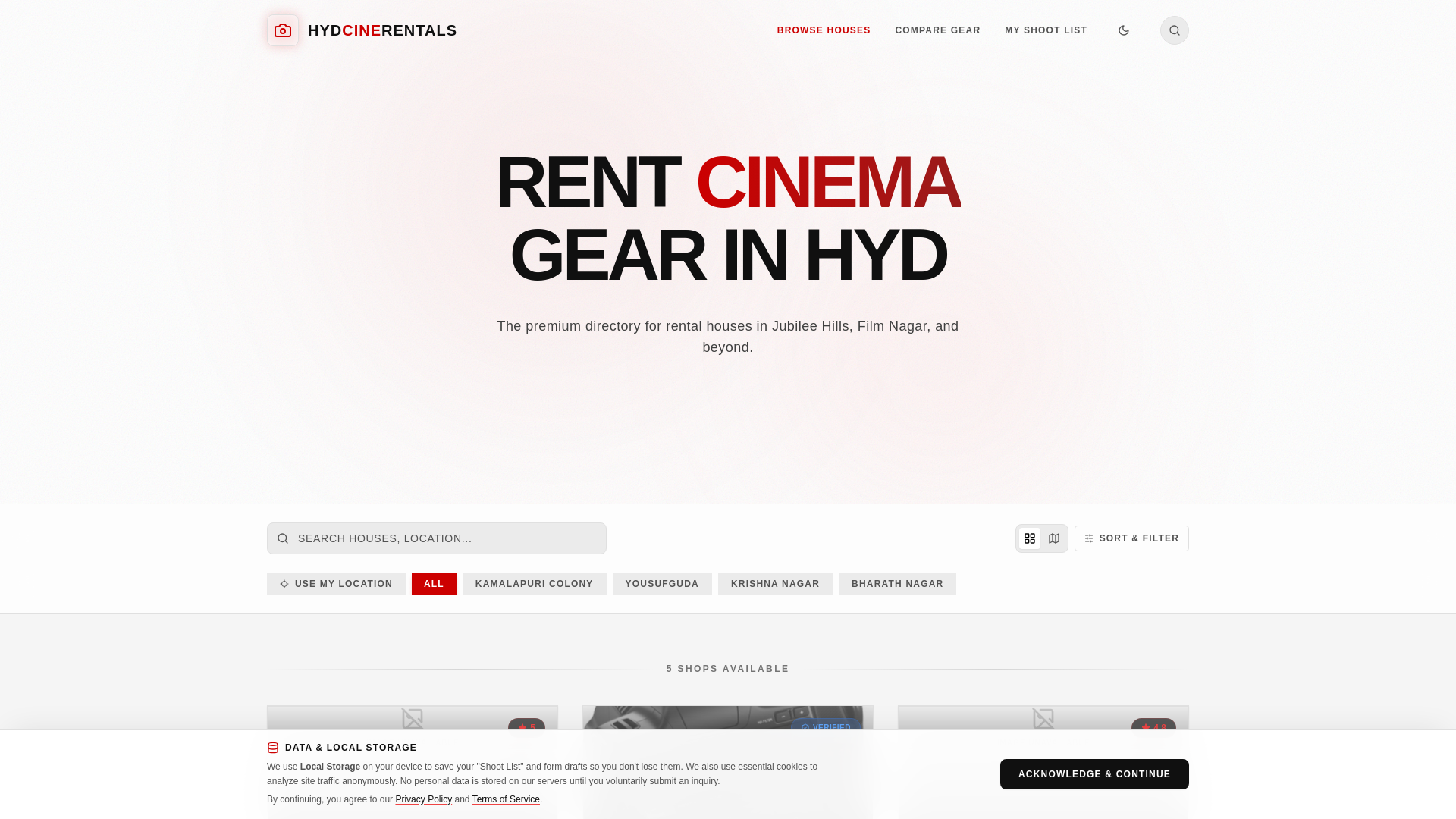 website screenshot of https://hydcinerentals.com/