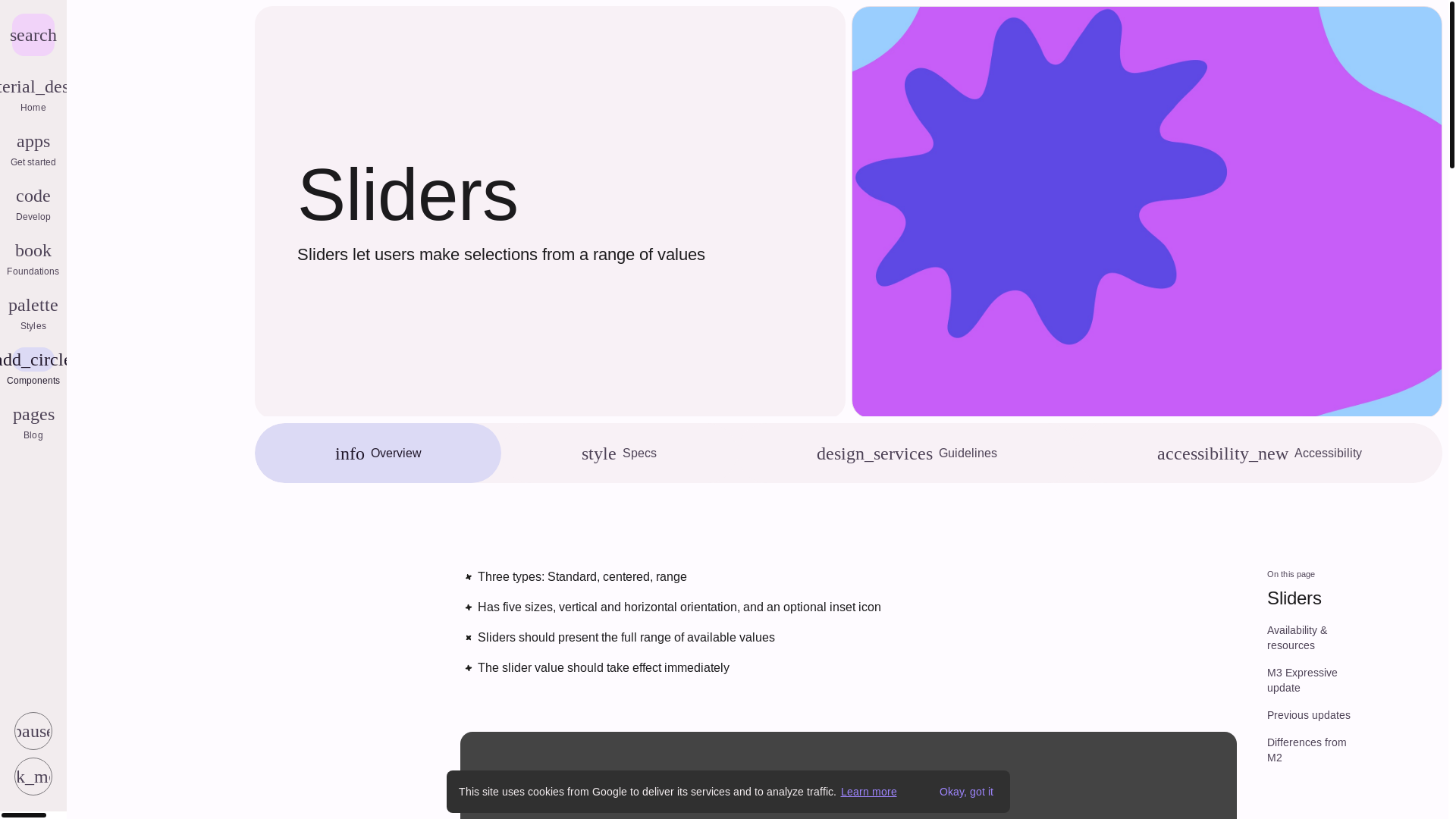 website screenshot of https://m3.material.io/components/sliders/overview