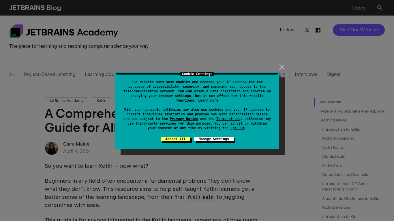 website screenshot of https://blog.jetbrains.com/education/2024/04/04/kotlin-learning-guide/