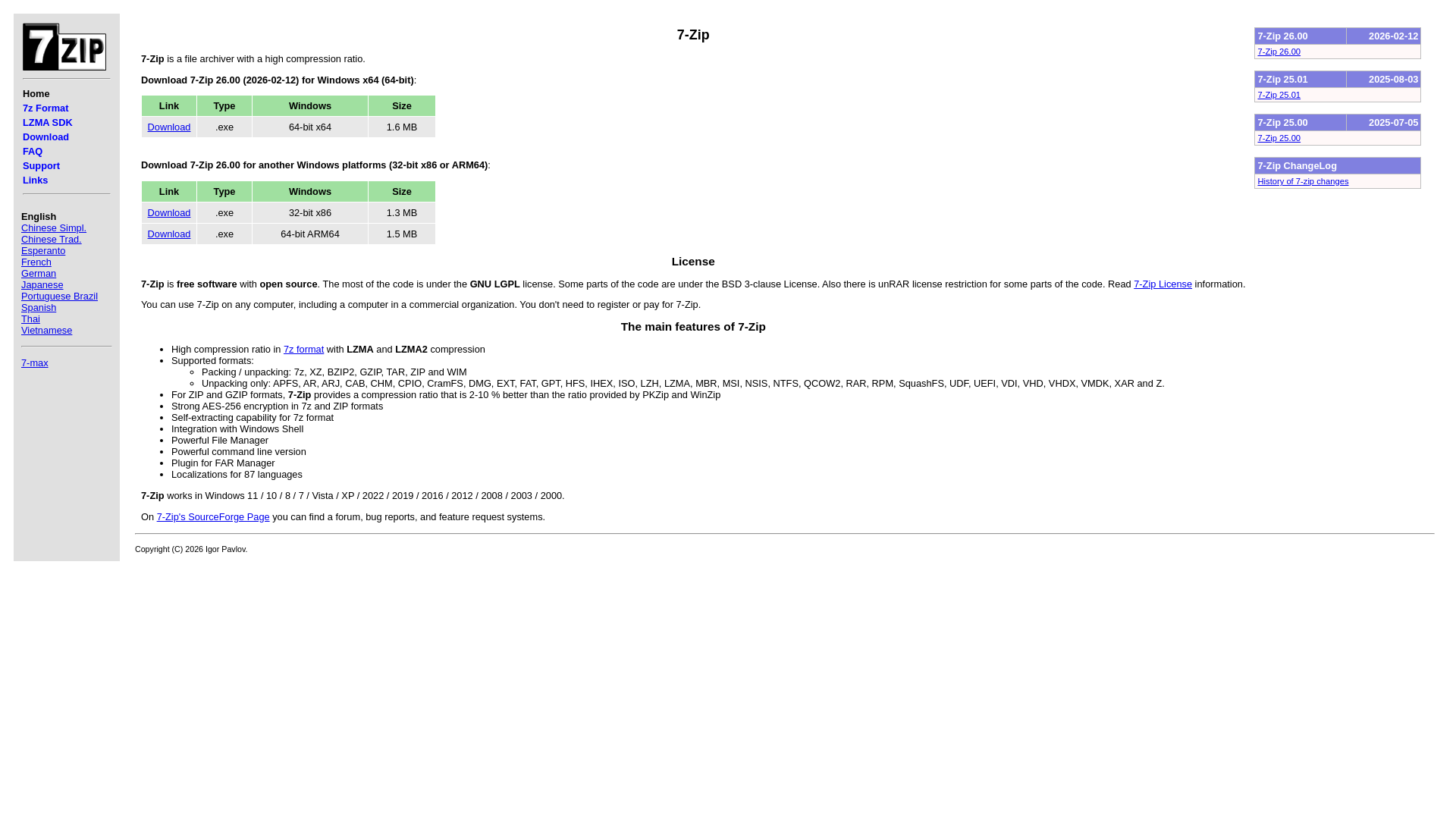 website screenshot of https://7-zip.com/