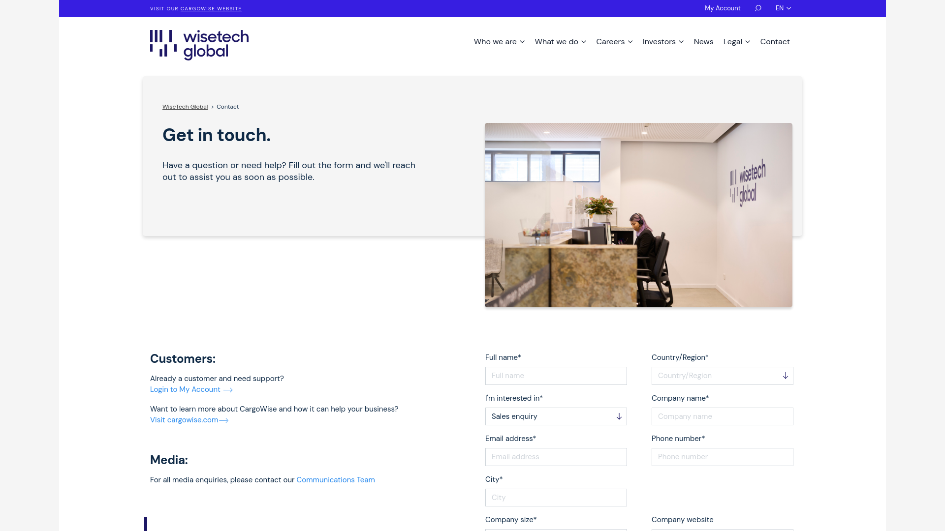 website screenshot of https://wisetechglobals.com/contact/index.html