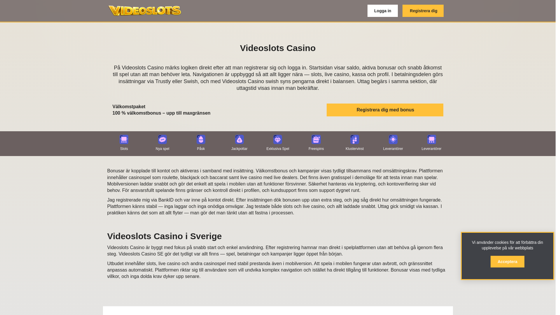 website screenshot of https://videoslots-sweden.com