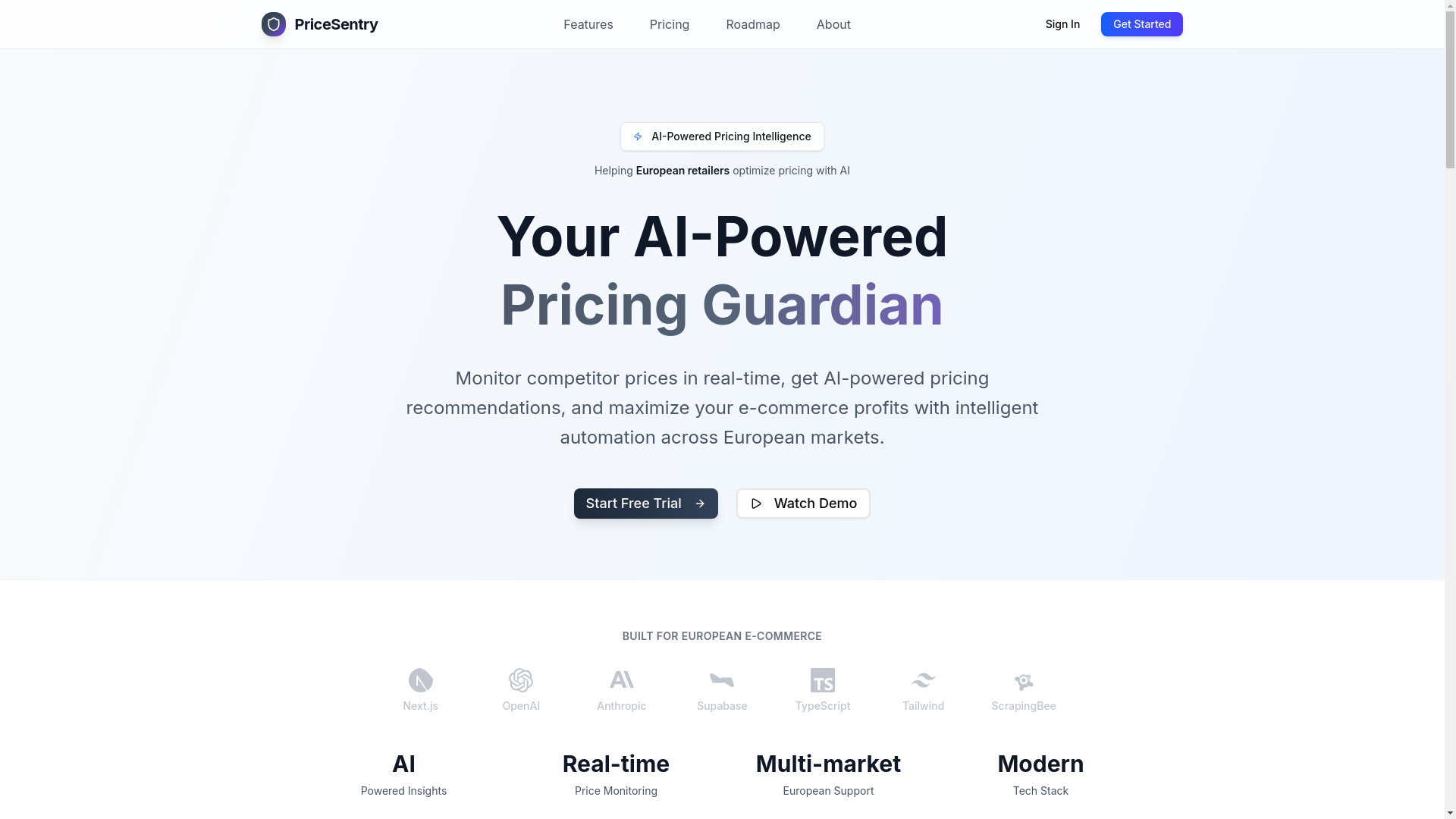 website screenshot of https://pricesentry.io/