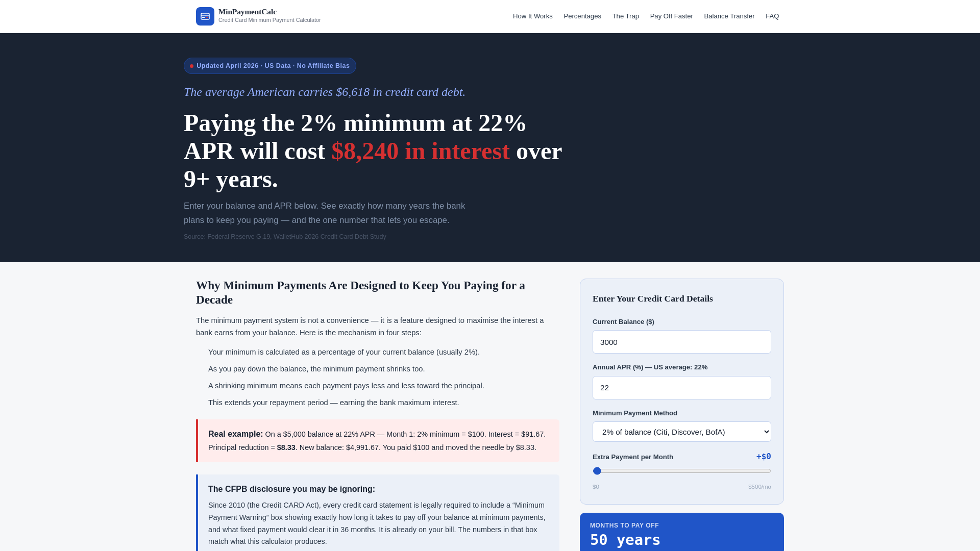 website screenshot of https://creditcardminimumpaymentcalculator.com