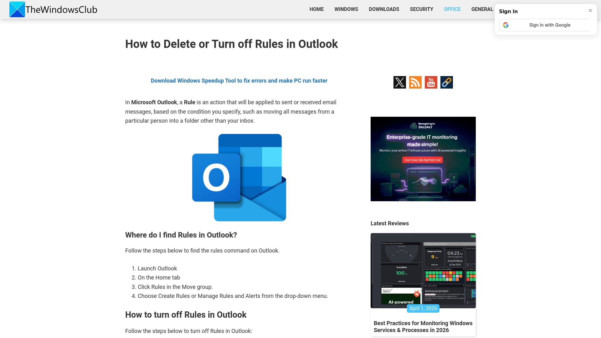 website screenshot of https://www.thewindowsclub.com/how-to-delete-or-turn-off-rules-in-outlook