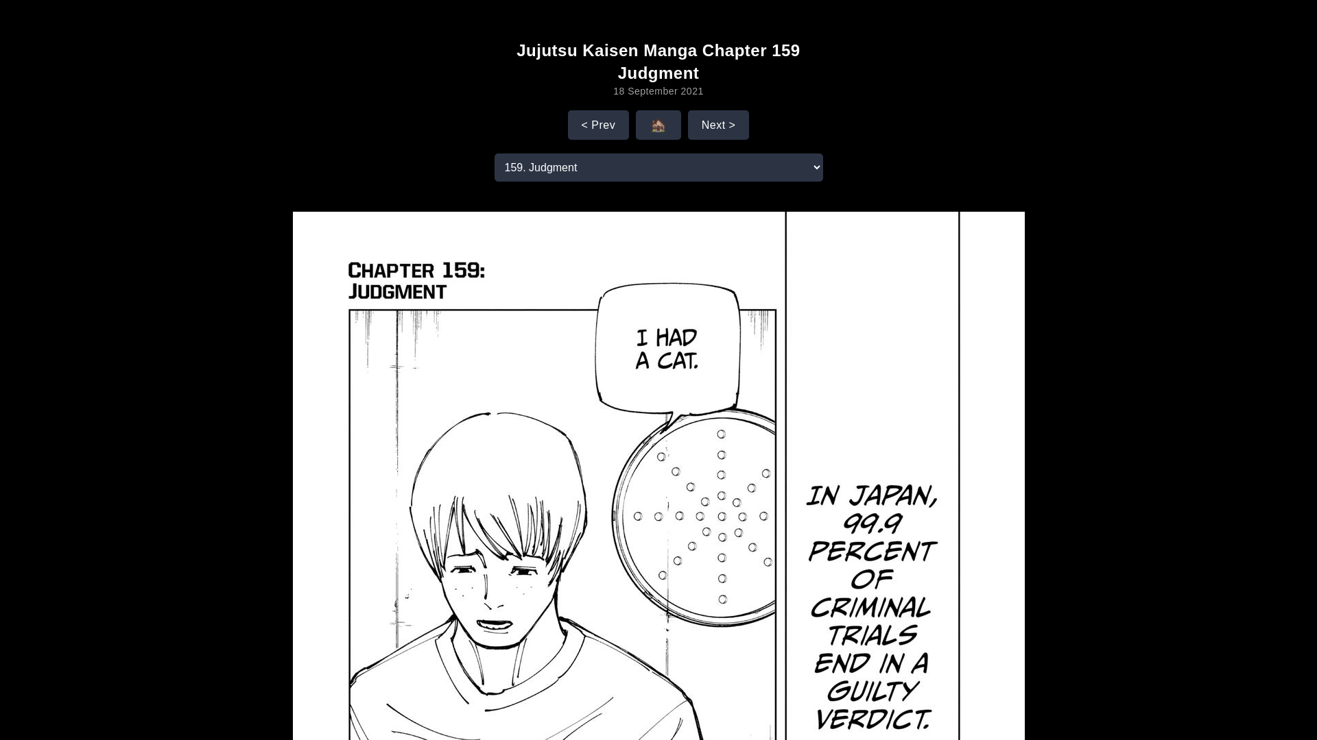 website screenshot of https://jjkaisen.com/chapter/159/