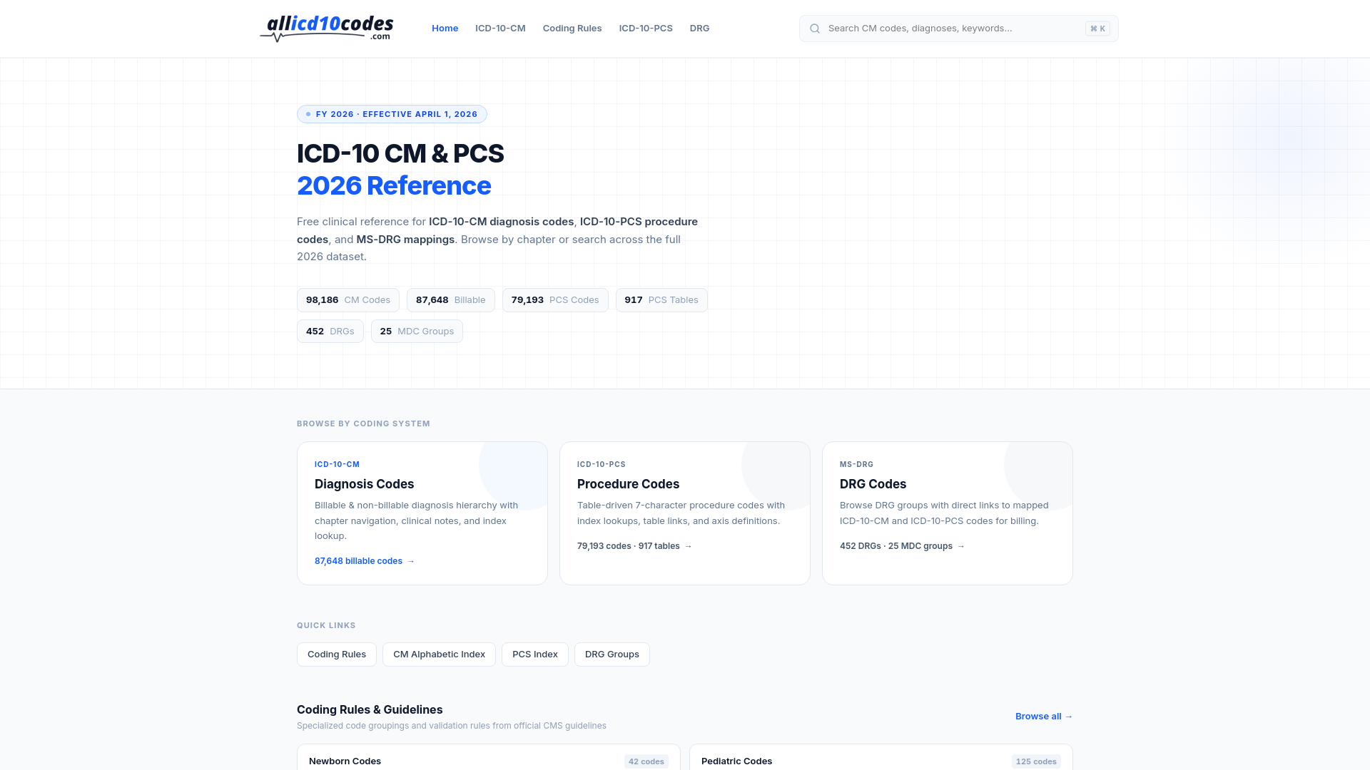 website screenshot of https://allicd10codes.com