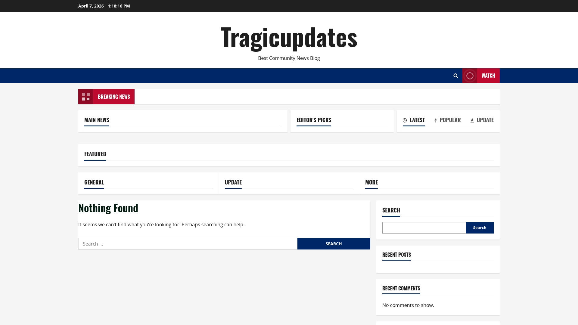 website screenshot of https://tragicupdates.site
