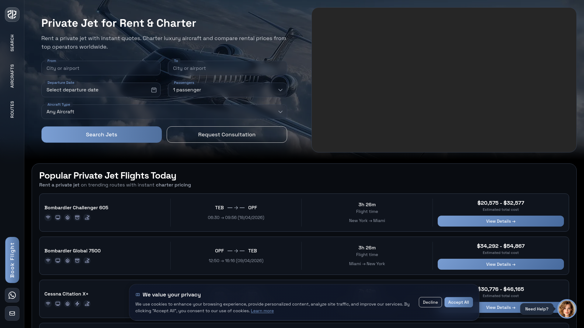 website screenshot of https://rentprivatejetfly.com/