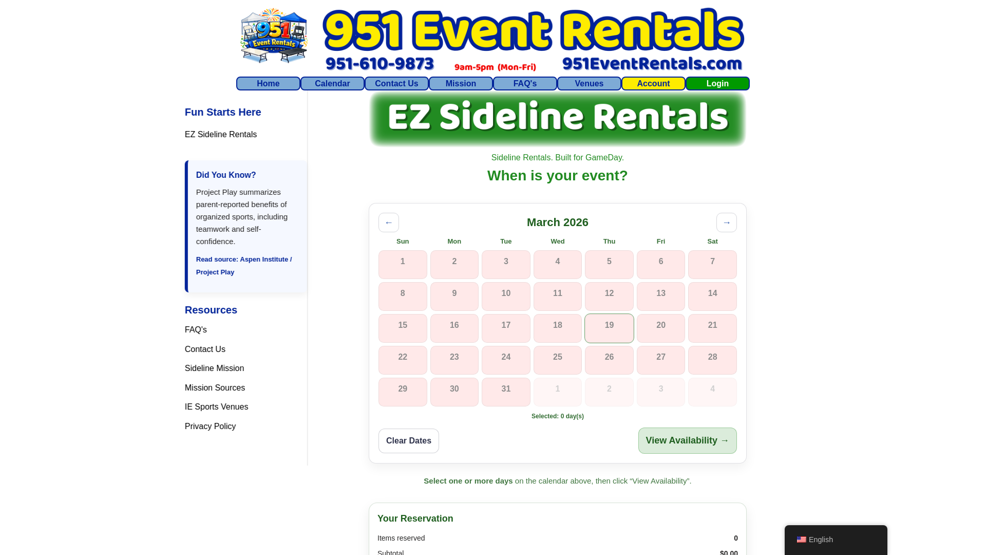 website screenshot of https://ezsidelinerentals.com/