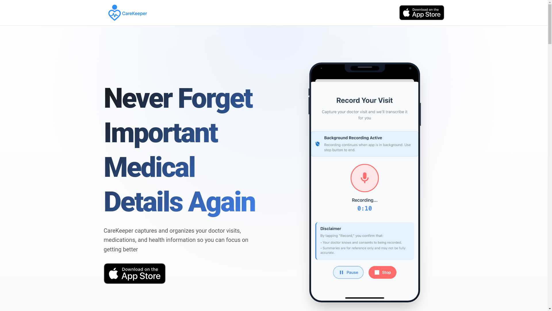 website screenshot of https://carekeeper.org/