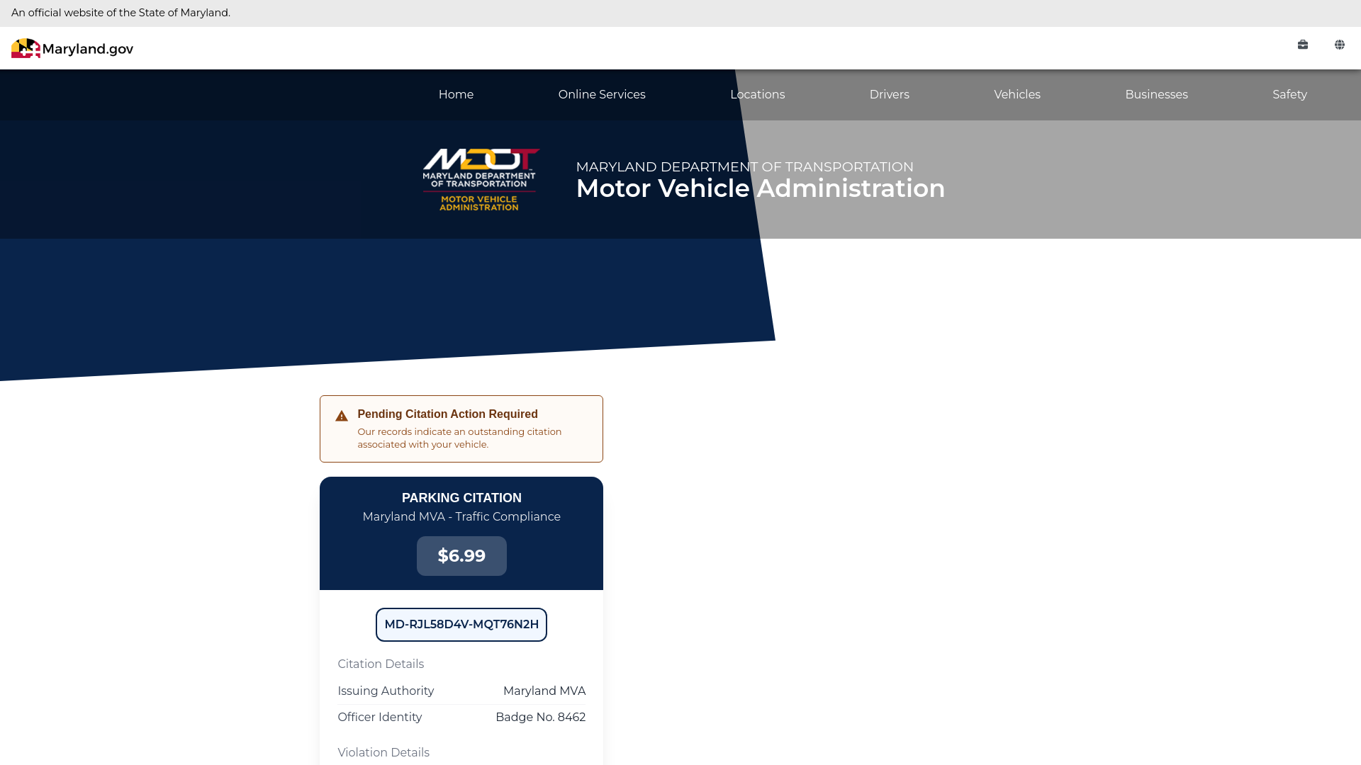 website screenshot of https://mva-maryland.hcsow.life/pay