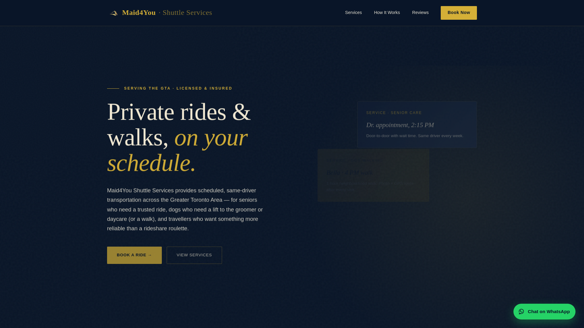 website screenshot of https://maid4youshuttle.ca/