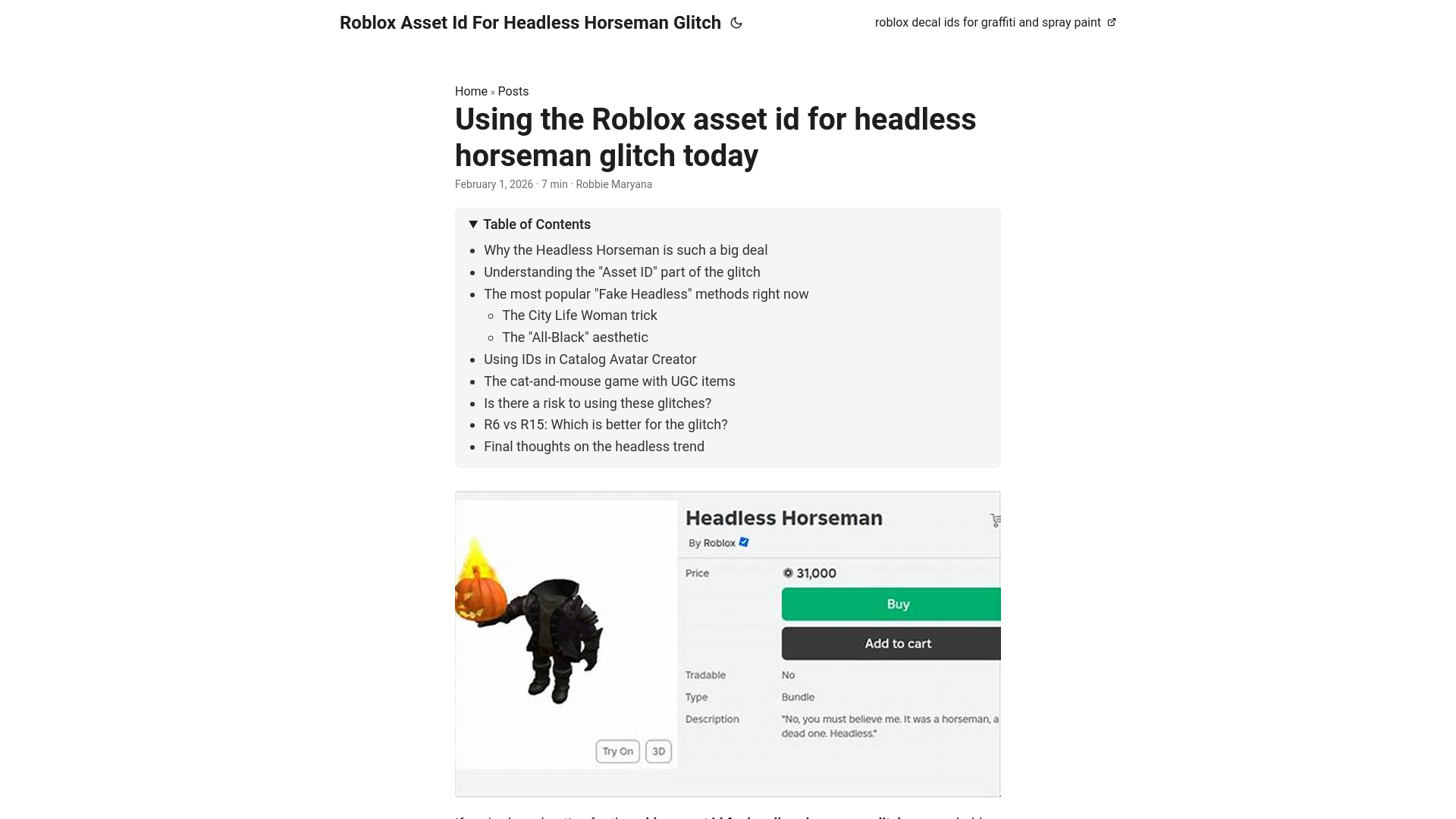 website screenshot of https://roblox-asset-id-for-headless-horseman-glitch.pages.dev/