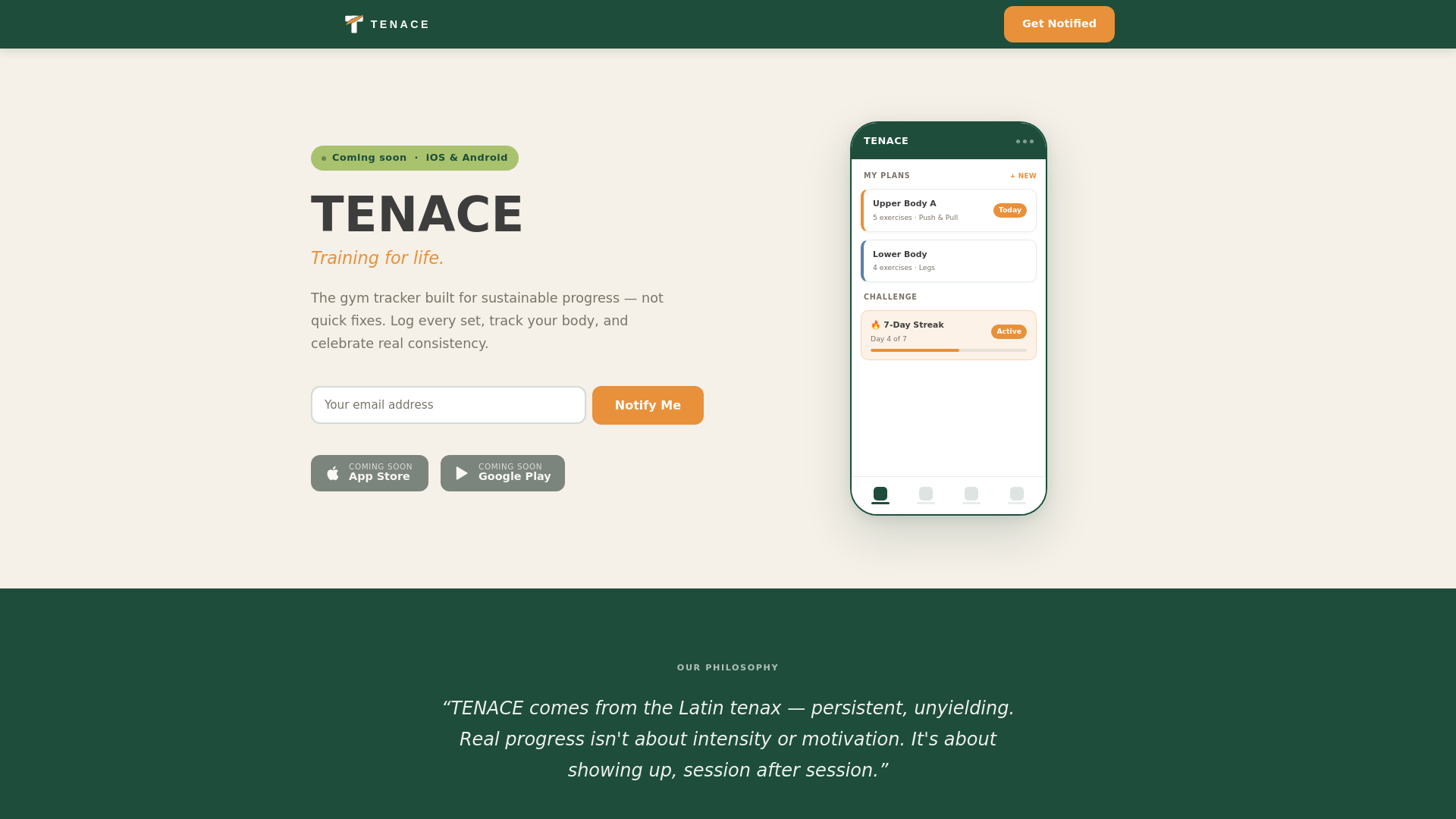 website screenshot of https://tenace.fit/
