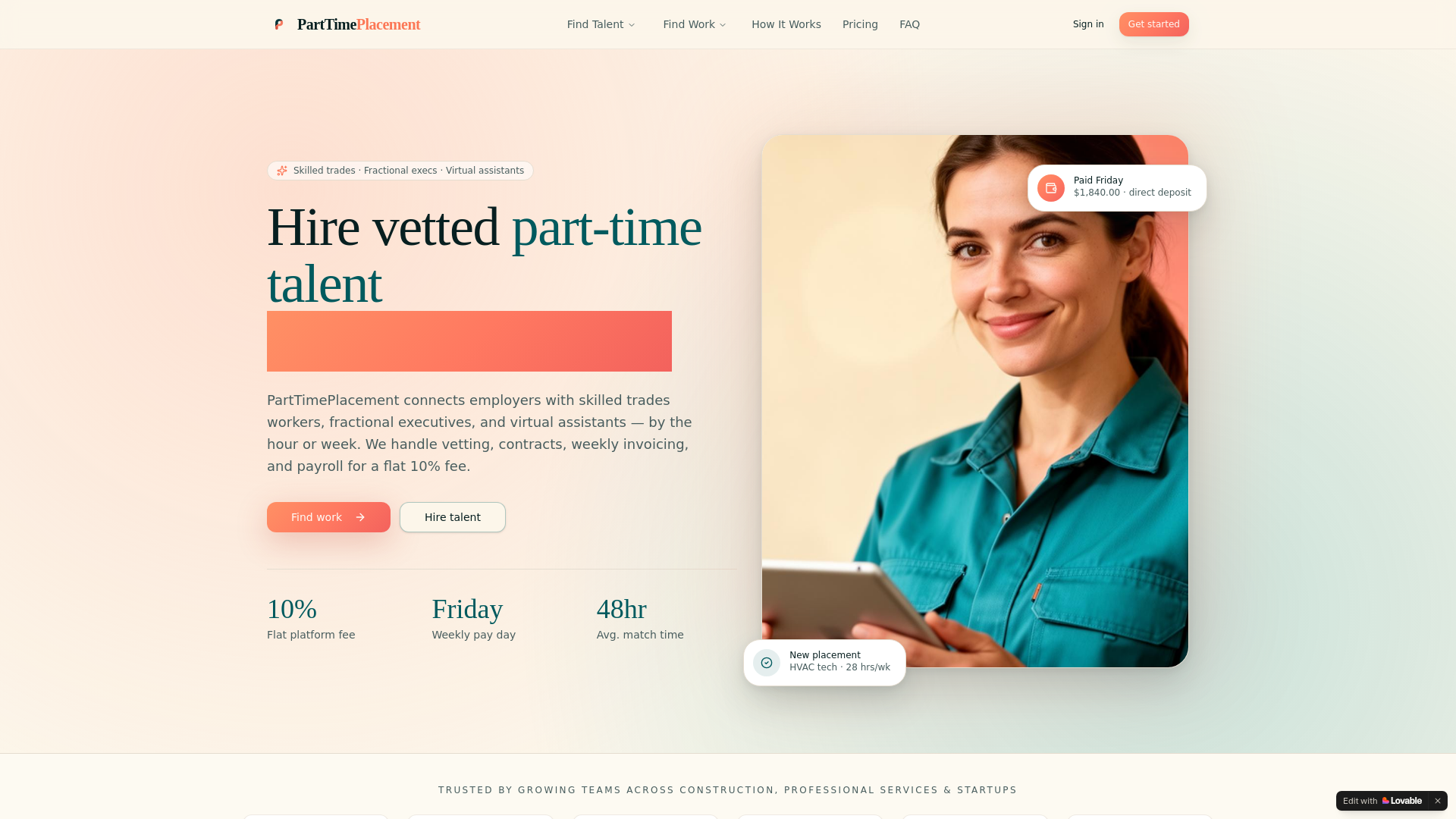 website screenshot of https://partimeplacement.com/