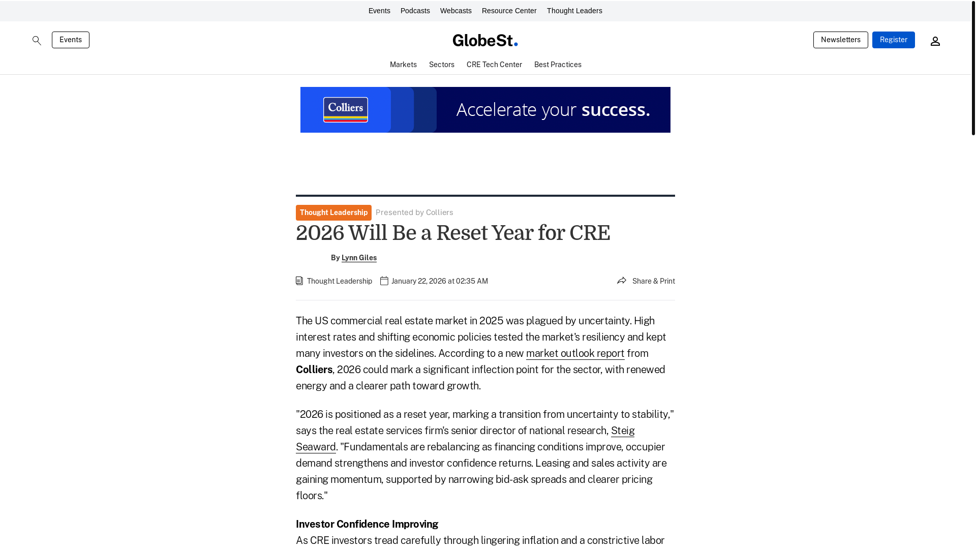 website screenshot of https://linkmktg.globest.com/click/43765521.43032/aHR0cHM6Ly93d3cuZ2xvYmVzdC5jb20vMjAyNi8wMS8yMi8yMDI2LXdpbGwtYmUtYS1yZXNldC15ZWFyLWZvci1jcmUvP2t3PTIwMjYlMjBXaWxsJTIwQmUlMjBhJTIwUmVzZXQlMjBZZWFyJTIwZm9yJTIwQ1JFJnV0bV9zb3VyY2U9ZW1haWwmdXRtX21lZGl1bT1lbmwmdXRtX2NhbXBhaWduPXRob3VnaHRsZWFkZXJ0ZW1wJnV0bV9jb250ZW50PTIwMjYwMTI3JnV0bV90ZXJtPXJlbQ/66cd0ca5600ae150752d74eeDbc527d91