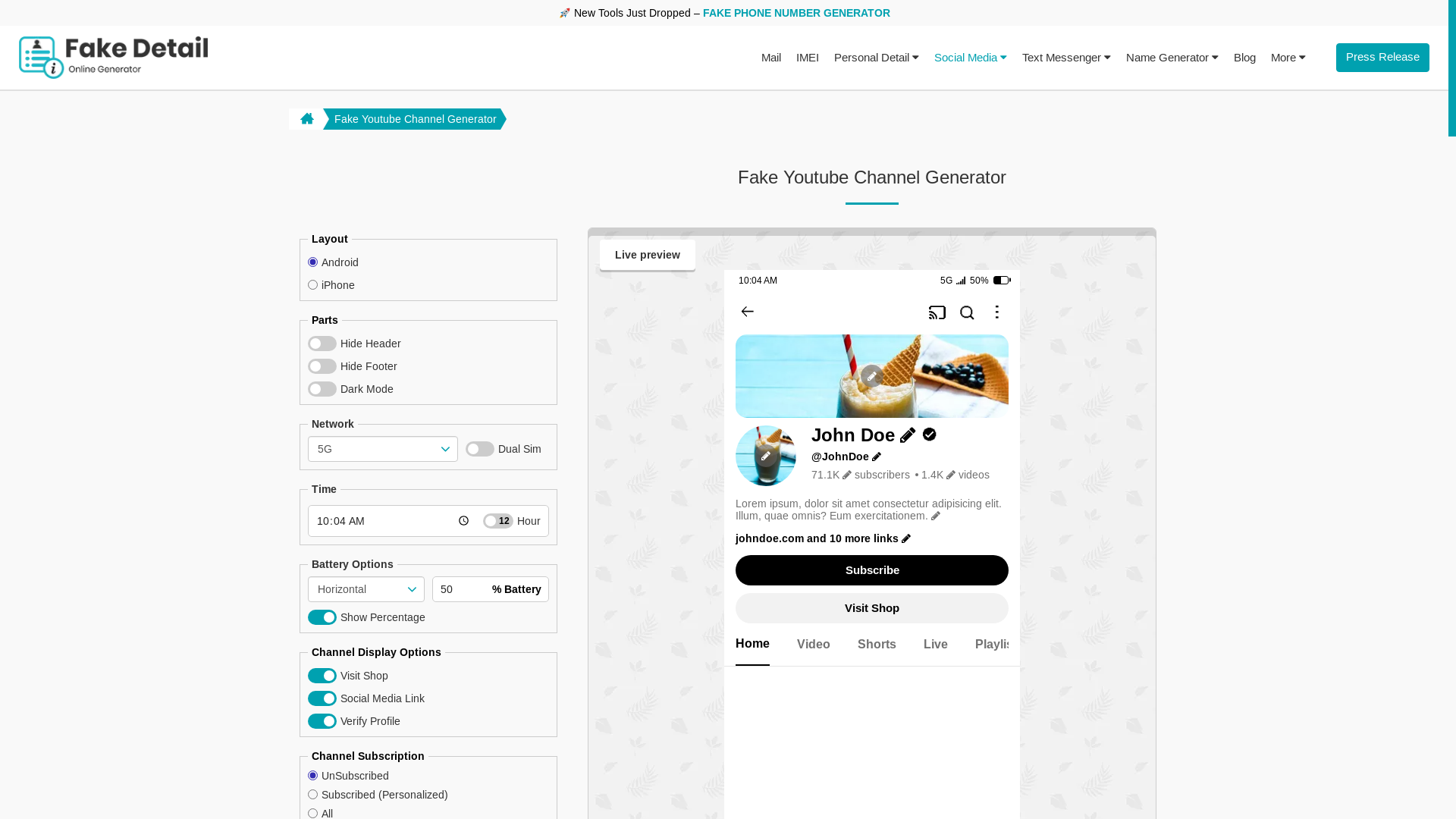 website screenshot of https://fakedetail.com/fake-youtube-channel-generator
