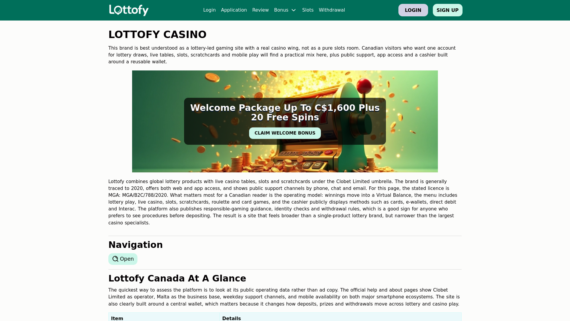 website screenshot of https://lottofy.ca