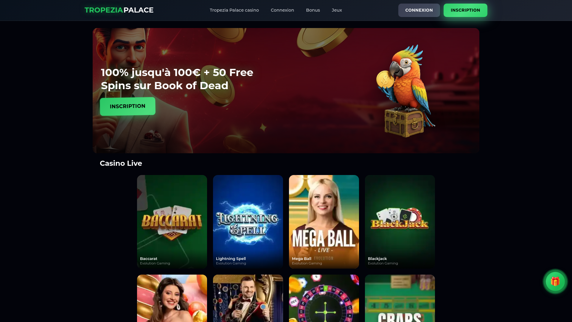 website screenshot of https://tropeziapalace-casino.org/