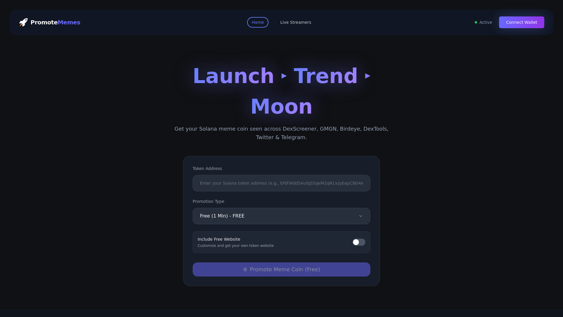 website screenshot of https://promotememes.fun/