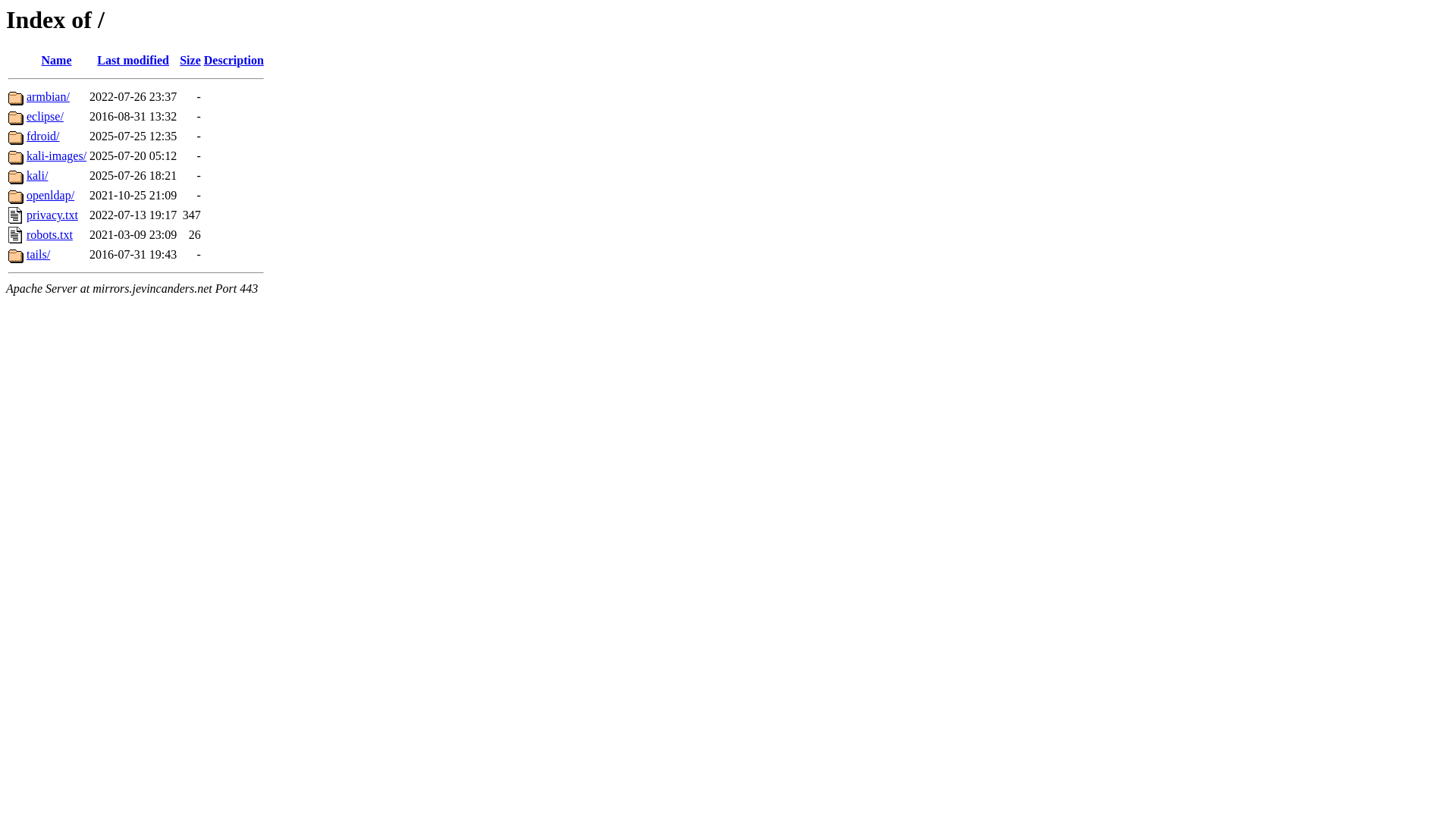 website screenshot of https://mirrors.jevincanders.net/