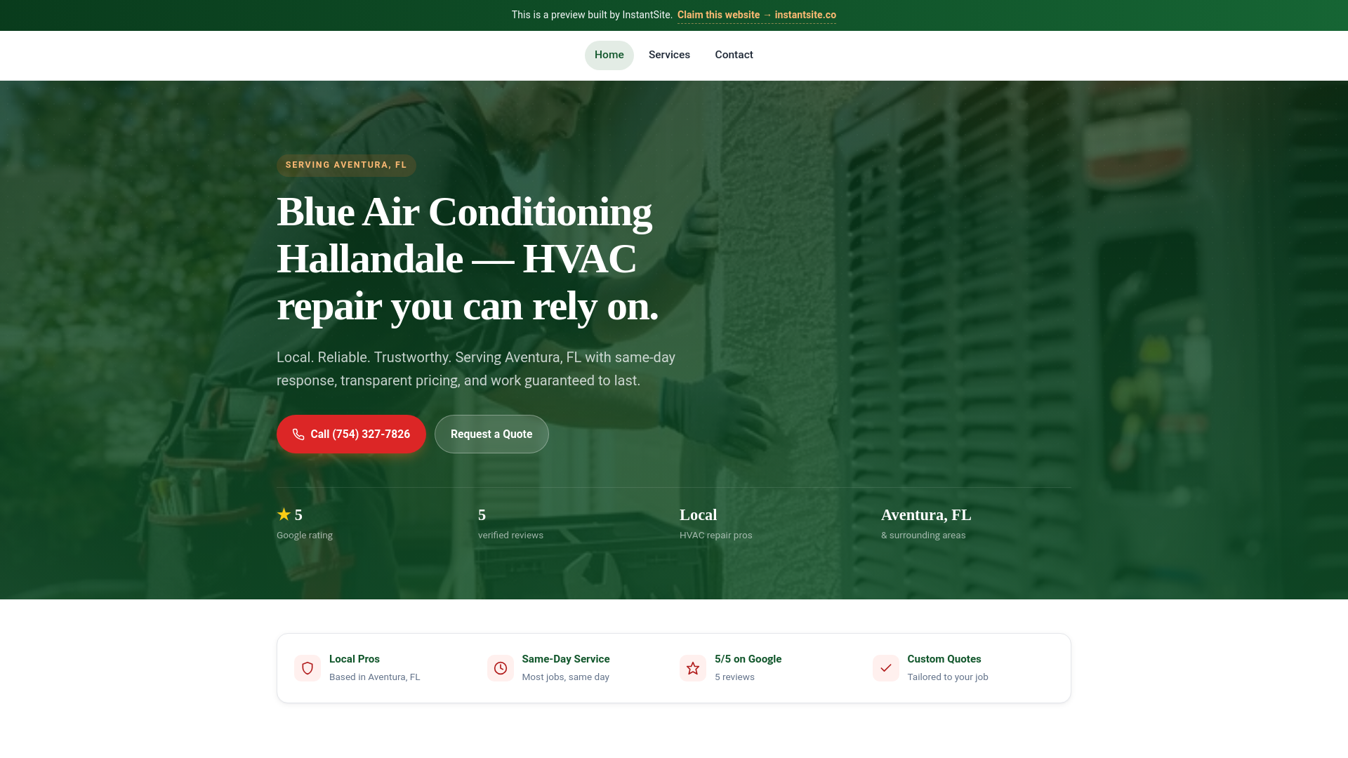 website screenshot of https://instantsite-blue-air-conditioning-hallandale.pages.dev/