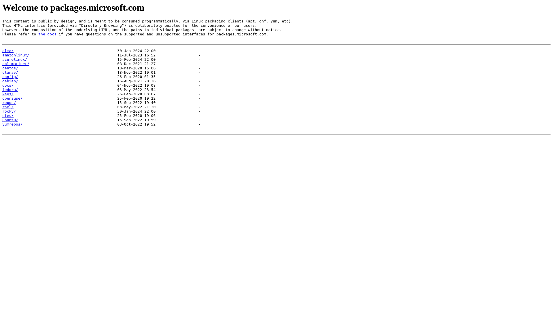 website screenshot of https://packages.microsoft.com