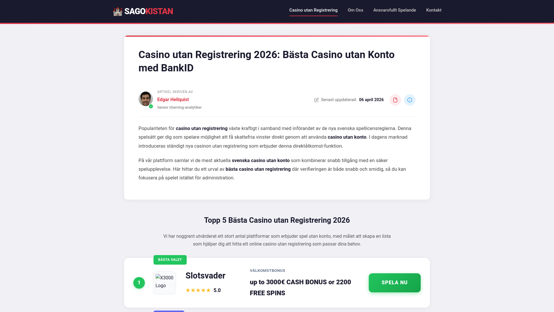 website screenshot of https://utanregistrering.com