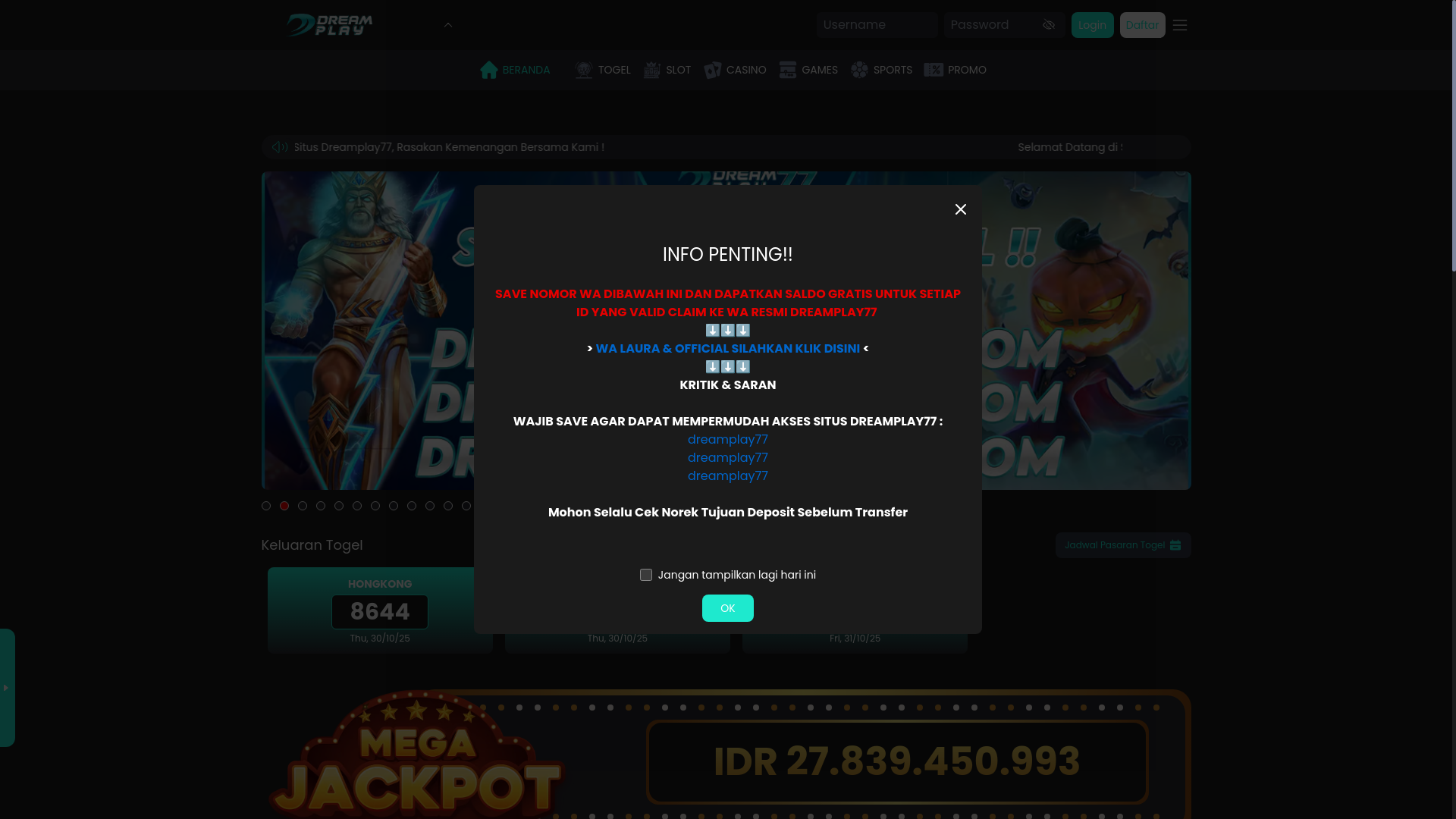 website screenshot of https://dreamplay77enjoy.com/