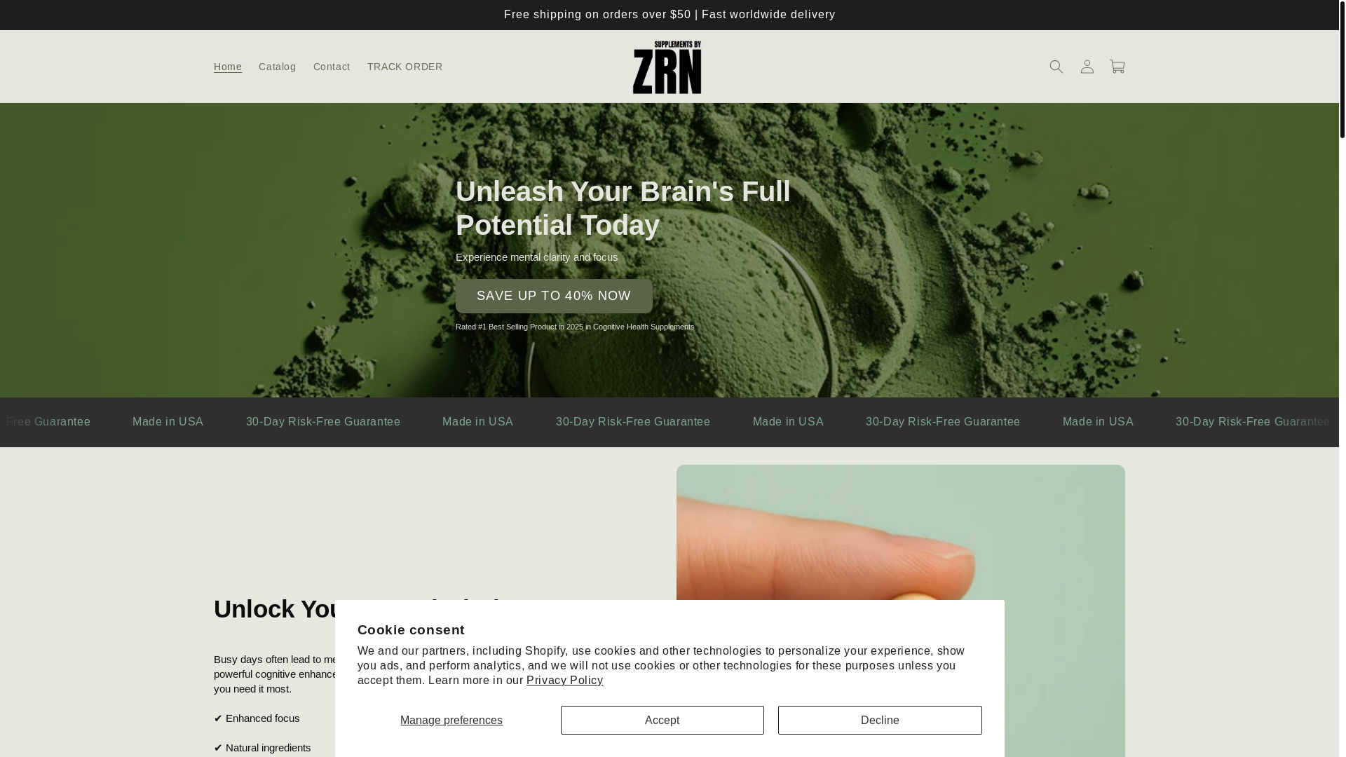 website screenshot of https://zrnsupplements.com/