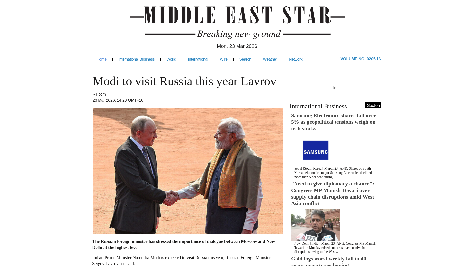 website screenshot of https://www.middleeaststar.com/news/278938503/modi-to-visit-russia-this-year-lavrov