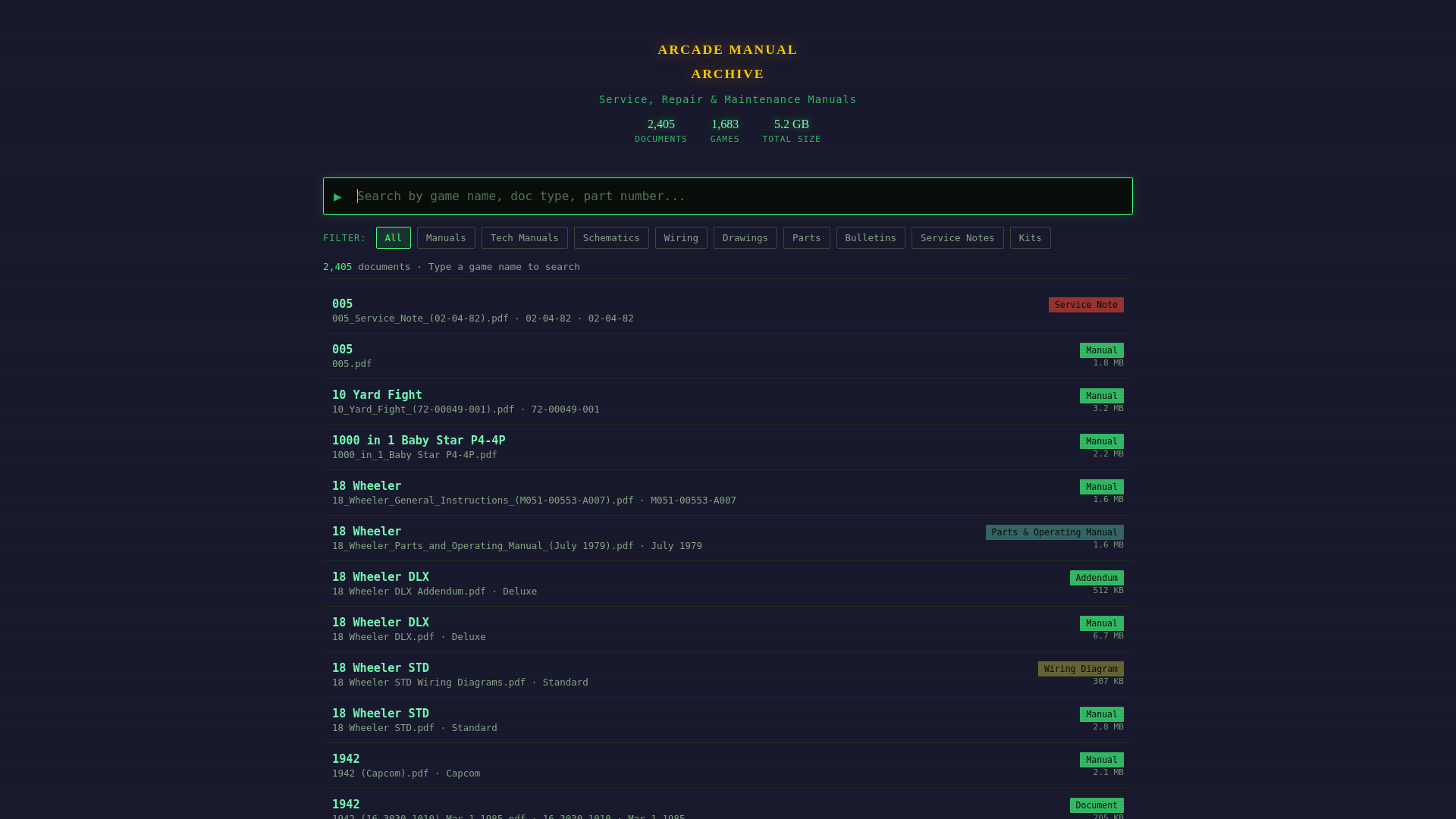 website screenshot of https://arcade-manuals.pages.dev/