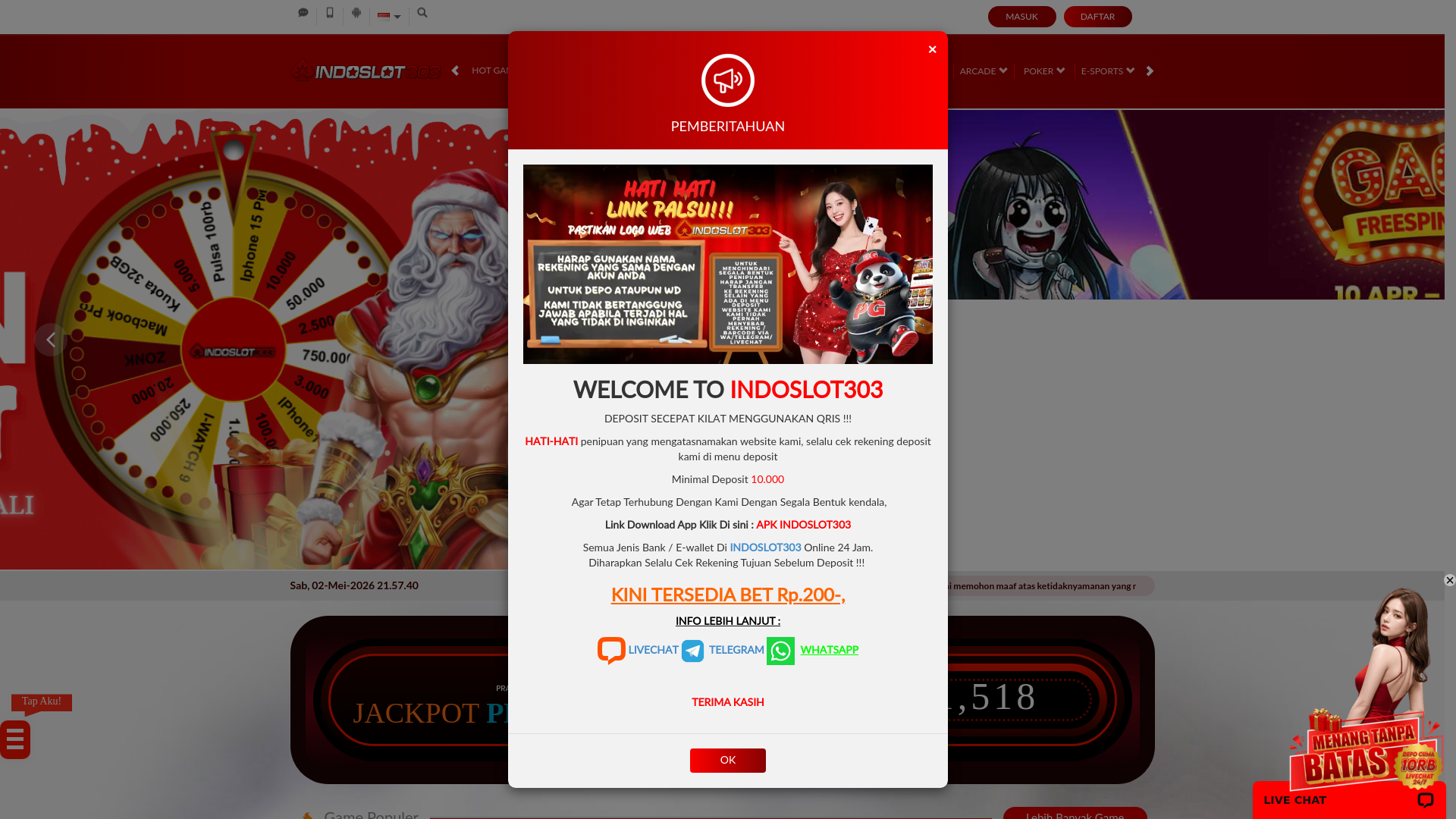 website screenshot of https://indoslot303win.website/