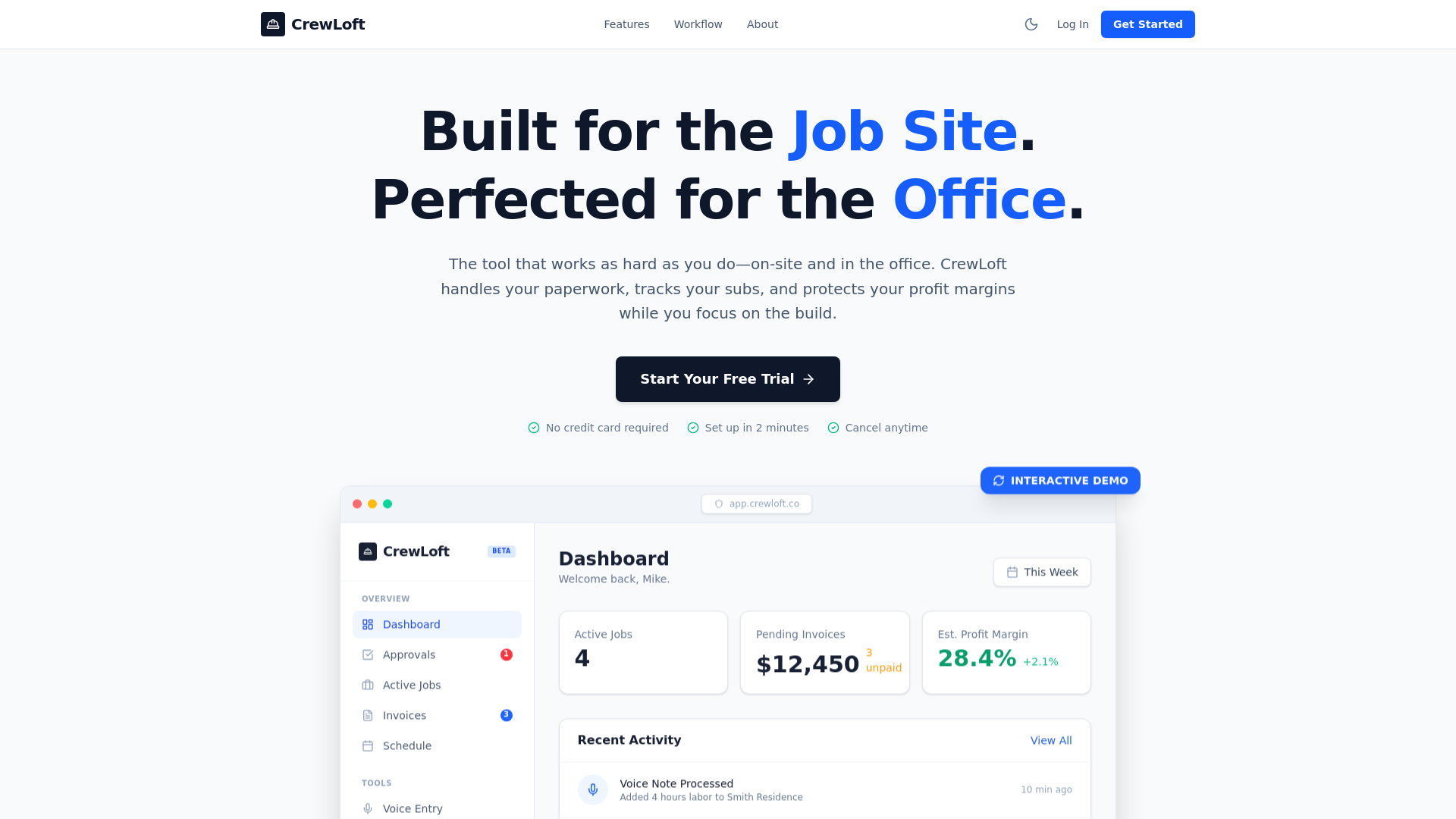 website screenshot of https://crewloft.co/
