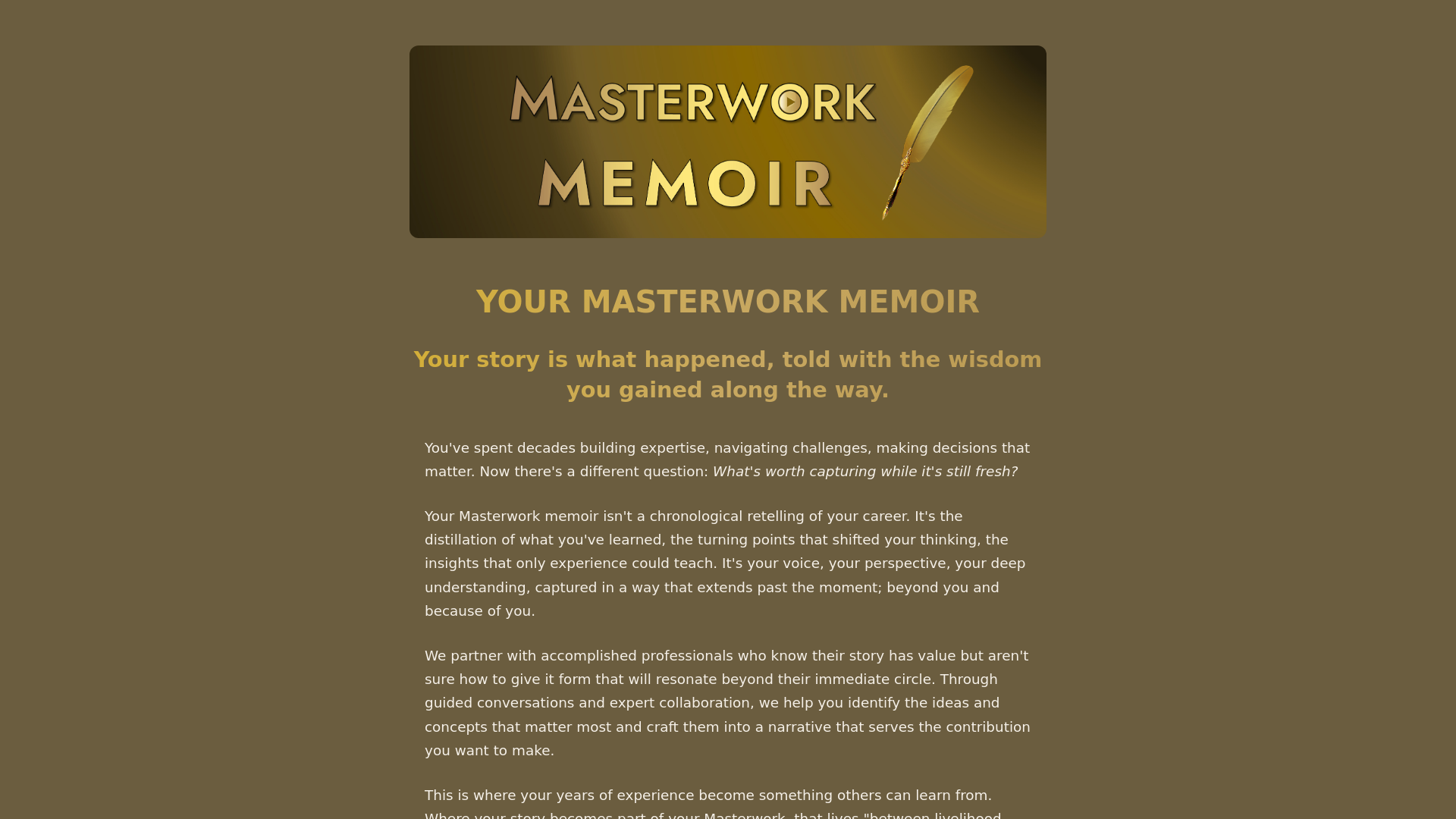 website screenshot of https://masterworkmemoir.com