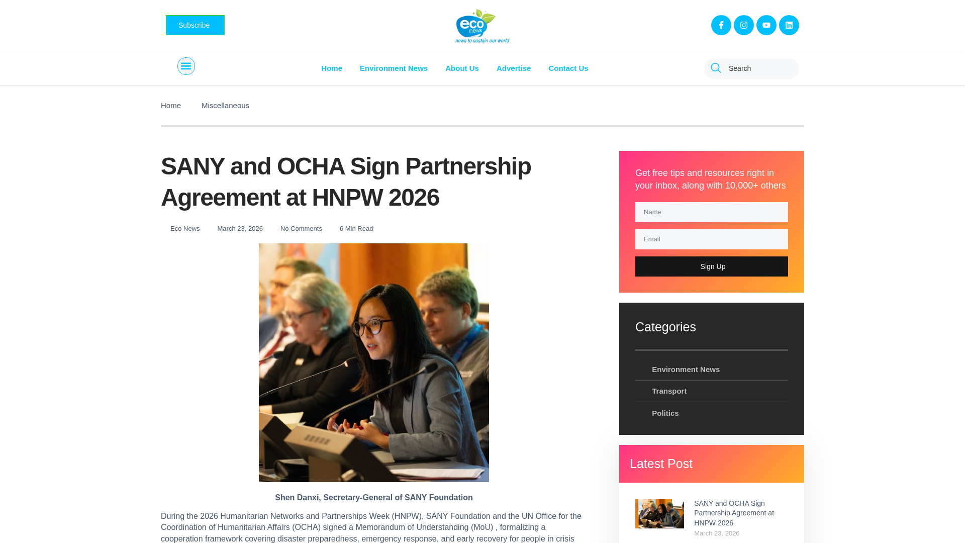 website screenshot of https://econews.com.au/sany-and-ocha-sign-partnership-agreement-at-hnpw-2026/