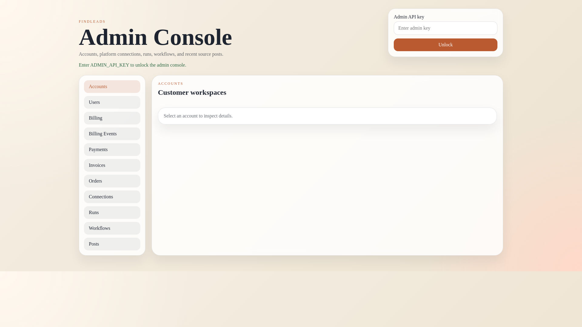 website screenshot of https://findleads-admin-console.pages.dev/