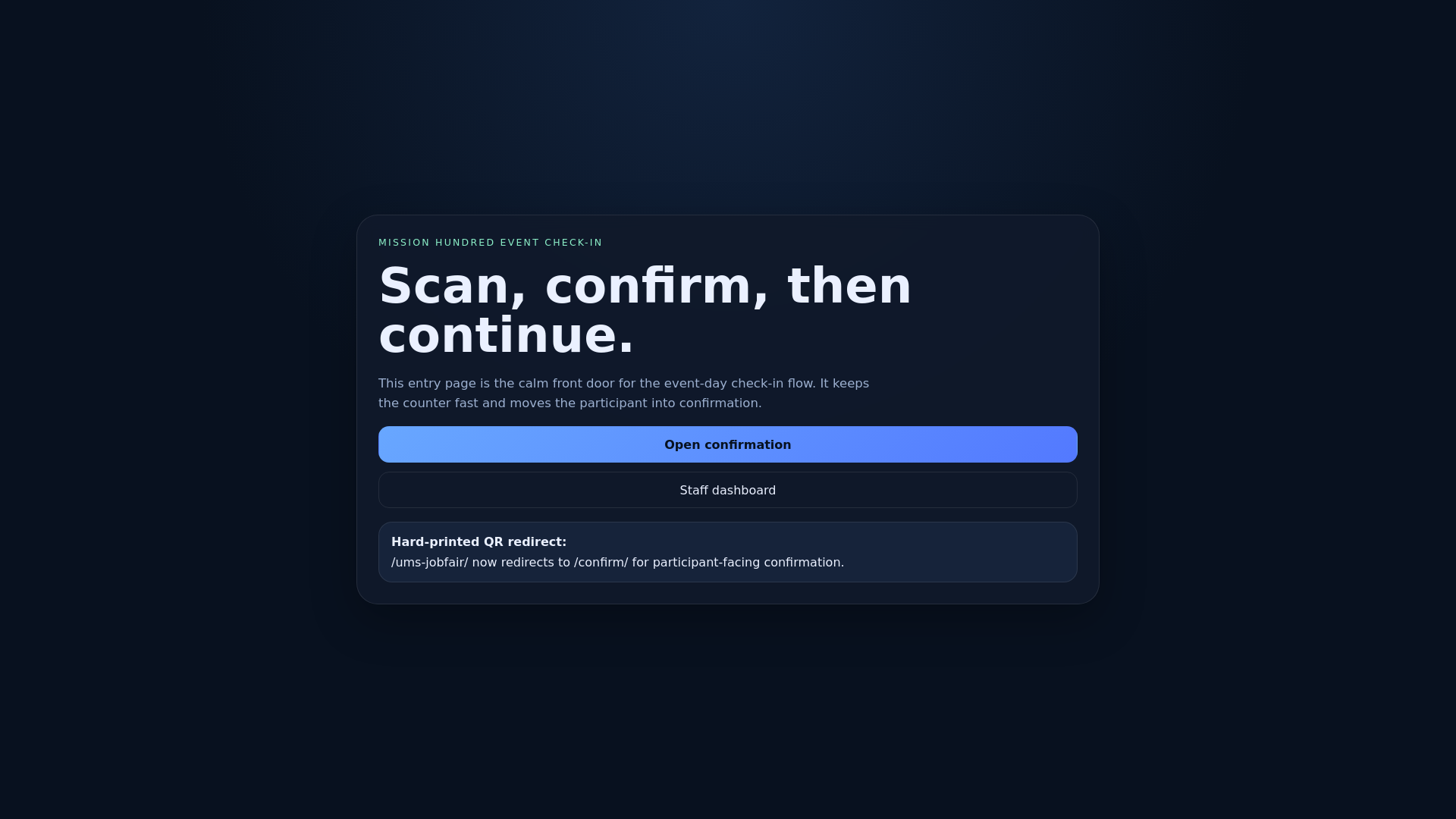 website screenshot of https://mission-hundred-event-check-in.pages.dev/